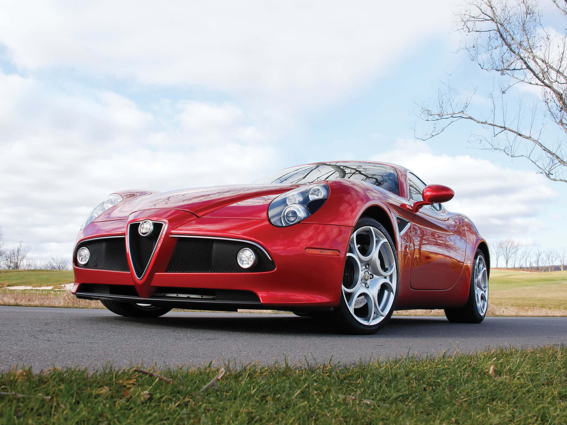 Alfa Romeo 8c Competizione 桌布 壁紙 — 一輛光澤的紅色愛快羅密歐跑車停放在鋪砌的道路上，旁邊有草地，天空多雲。