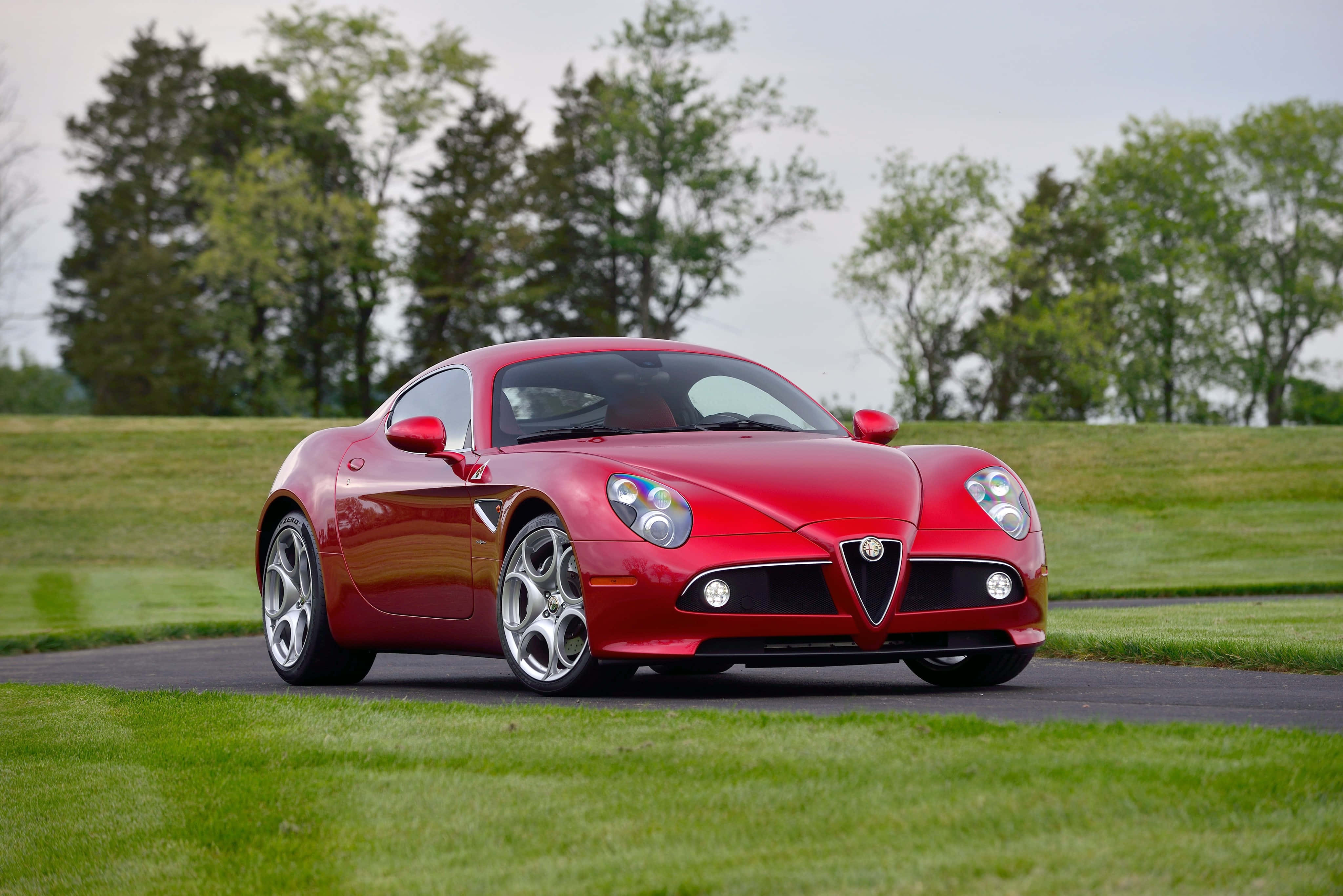 Alfa Romeo 8c Competizione 桌布 壁紙 — 一輛光澤的紅色愛快羅密歐跑車停放在鋪砌道路上，周圍是茂密的綠草和樹木，天空多雲。