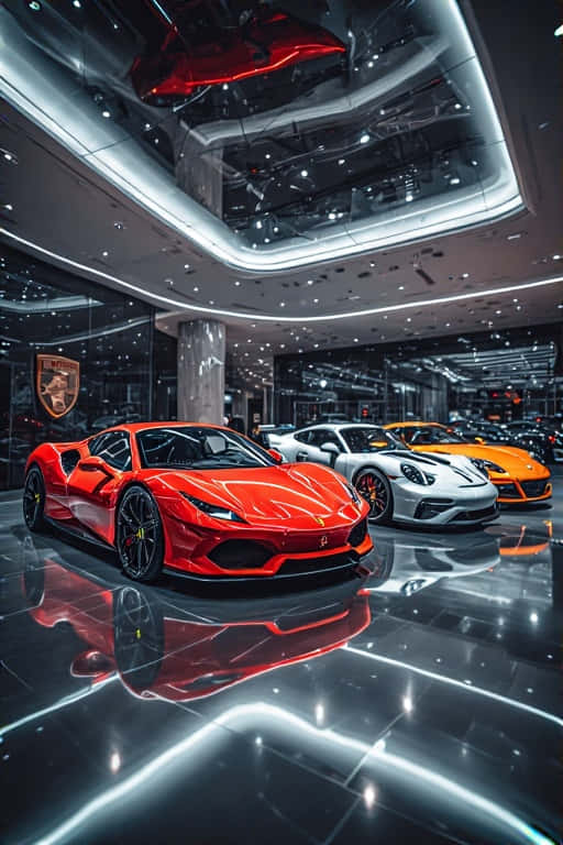 Luxury Car Collection Showroom  BMW, Ferrari, Lamborghini, Porsche 4K 壁紙 — 一輛光澤的紅色法拉利488 Pista在明亮的頂燈下閃耀，白色和橙色的跑車反射在拋光的地板上，這是一個豪華汽車展廳。