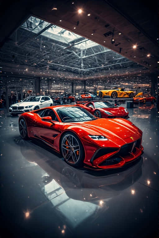 Luxury Car Collection Showroom  BMW, Ferrari, Lamborghini, Porsche 4K 壁紙 — 一輛光澤的紅色法拉利跑車主導了一個高天花板、反射地板、其他異國車輛在明亮聚光燈下的豪華車展廳。