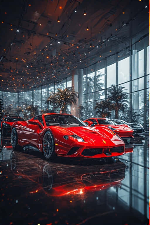 Luxury Car Collection Showroom  BMW, Ferrari, Lamborghini, Porsche 4K 壁紙 — 一輛光澤的紅色法拉利跑車在溫暖的天花燈光下，在一個時尚的玻璃牆展廳中閃閃發光，配有棕櫚樹和反光地板。