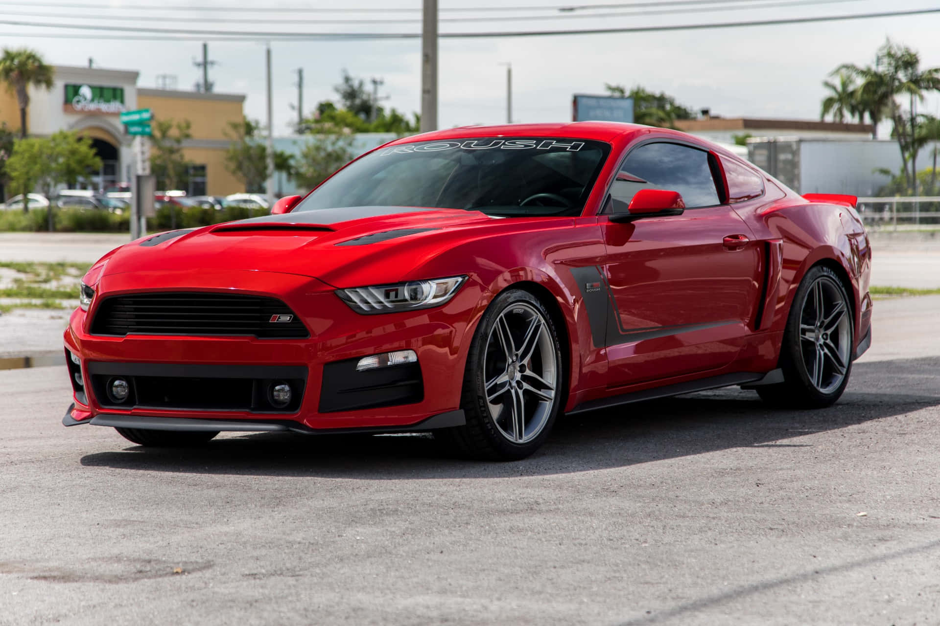 野馬GIF 桌布 壁紙 — 一輛光澤的紅色福特野馬Shelby GT350R停在瀝青路上，背景有棕櫚樹和建築物。