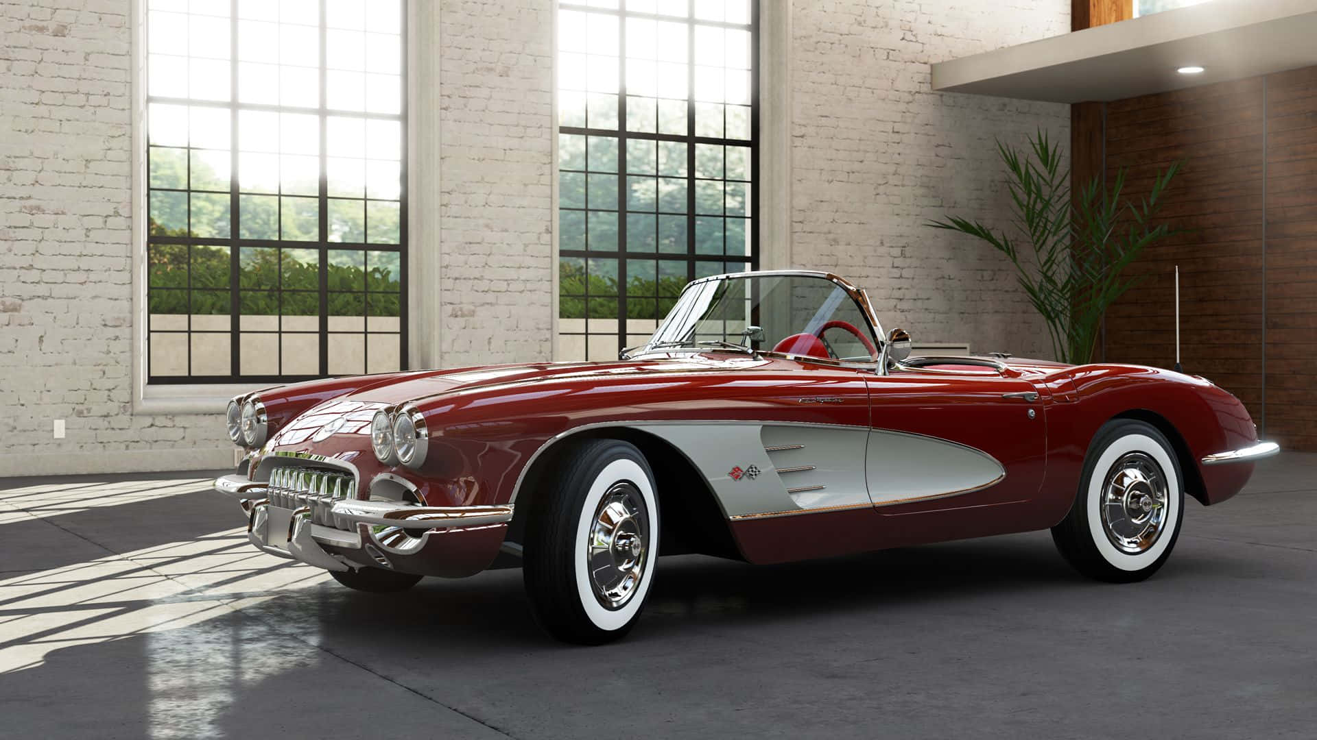 classic 桌布 壁紙 — 一輛光澤的紅色經典敞篷跑車，配備白色輪胎，停放在一個明亮、設有大窗戶的工業風格車庫內。