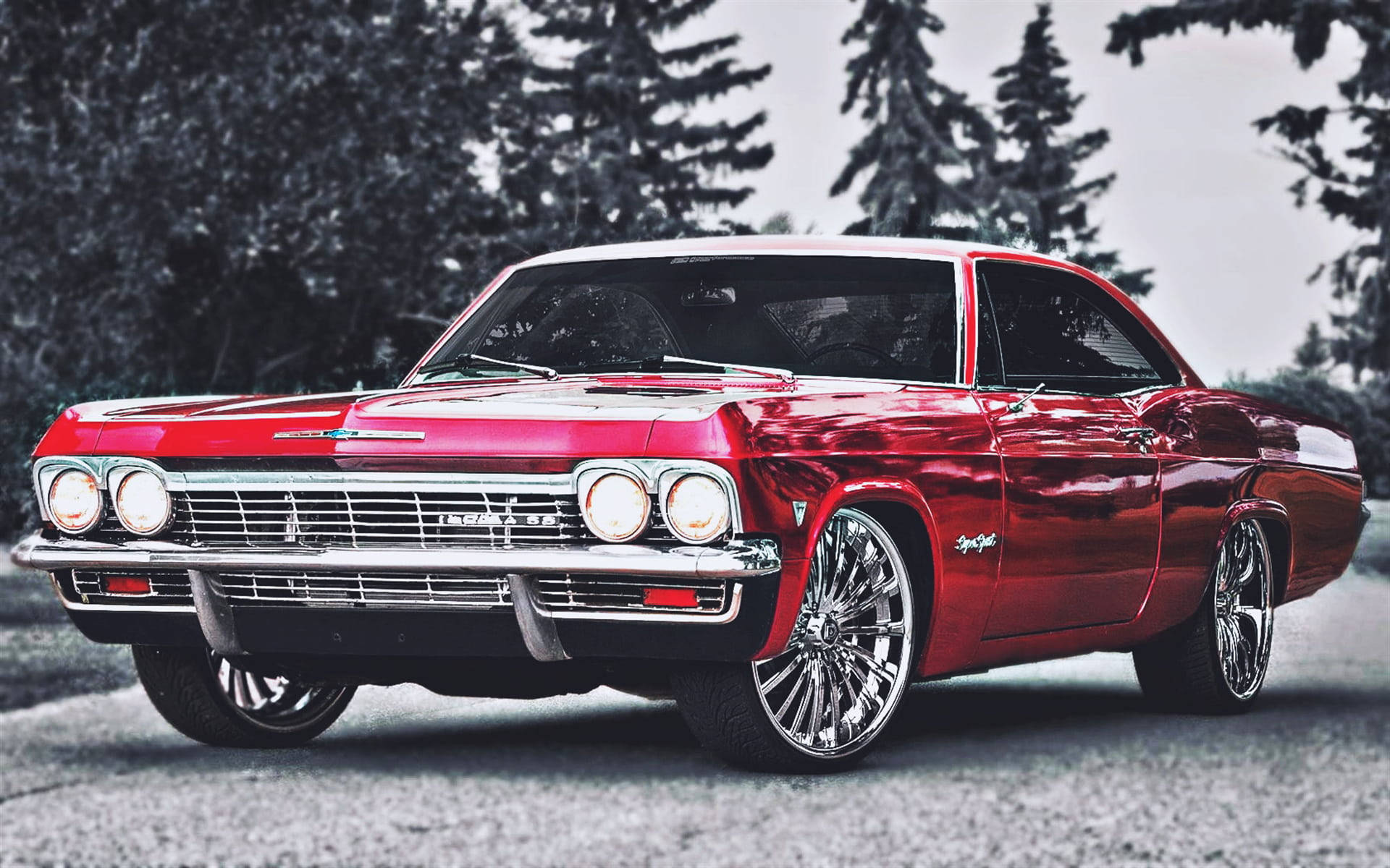 chevrolet impala 1967 桌布 壁紙 — 一輛光澤的紅色經典肌肉車配備鍍鉻輪圈，停泊在被深色松樹環繞的碎石路上。