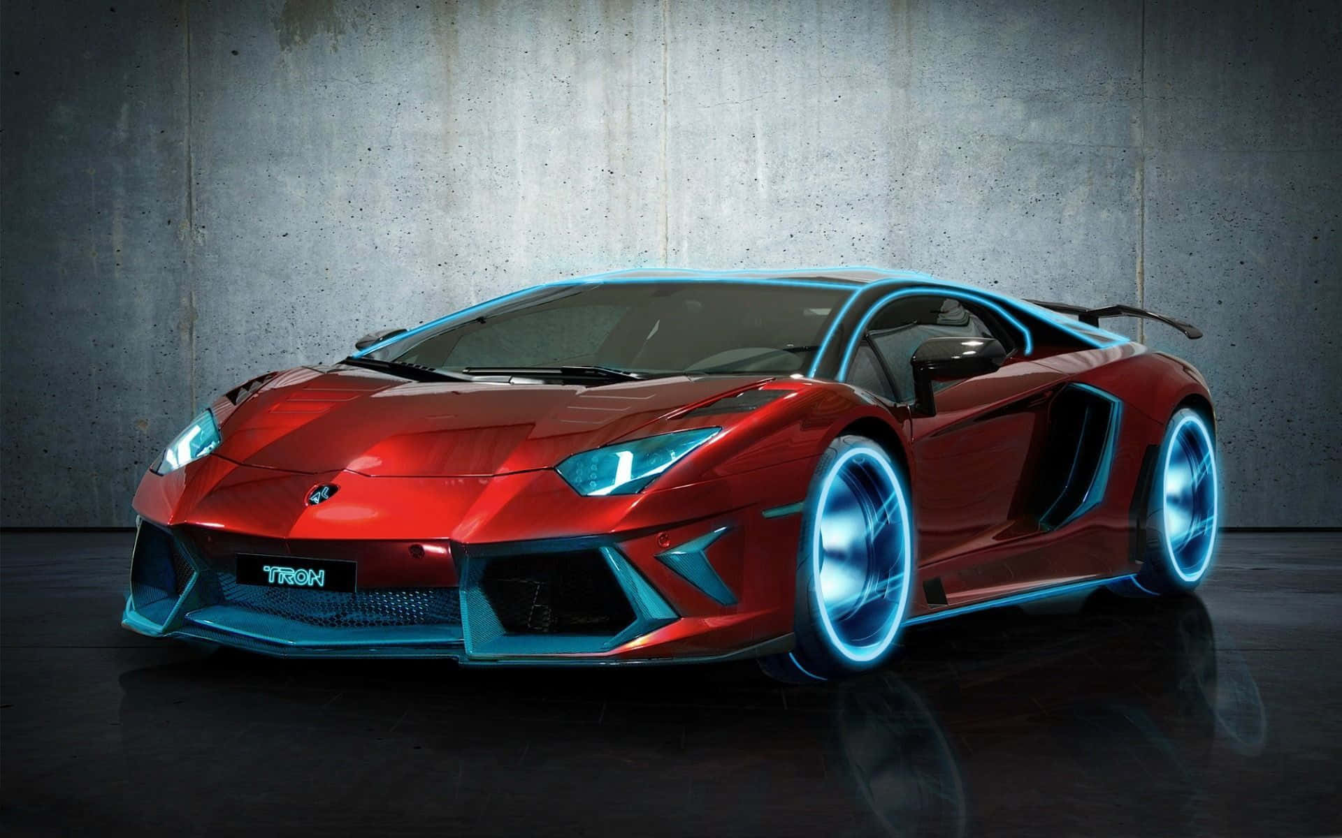 跑車 桌布 壁紙 — 一輛光澤的紅色藍寶堅尼Aventador，帶有發光的藍色霓虹燈飾和輪圈，靠在紋理混凝土牆上，在昏暗的攝影棚中。