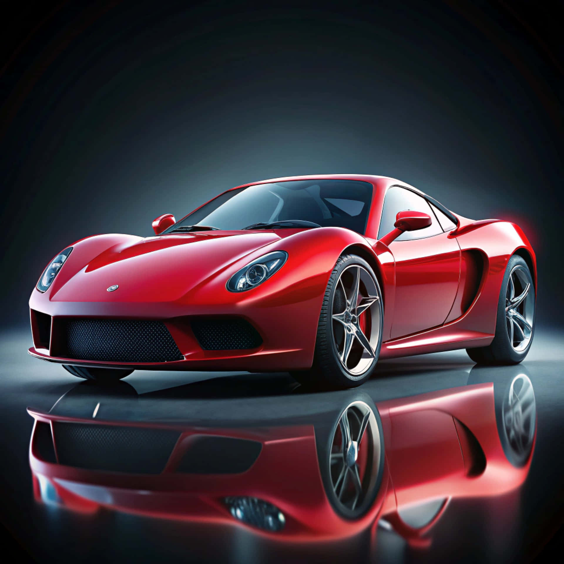Sports car 壁紙 — 一輛光澤的紅色跑車，具有流線型空氣動力學線條和銀色輪圈，在戲劇性的工作室燈光下展示在反光的黑色表面上。
