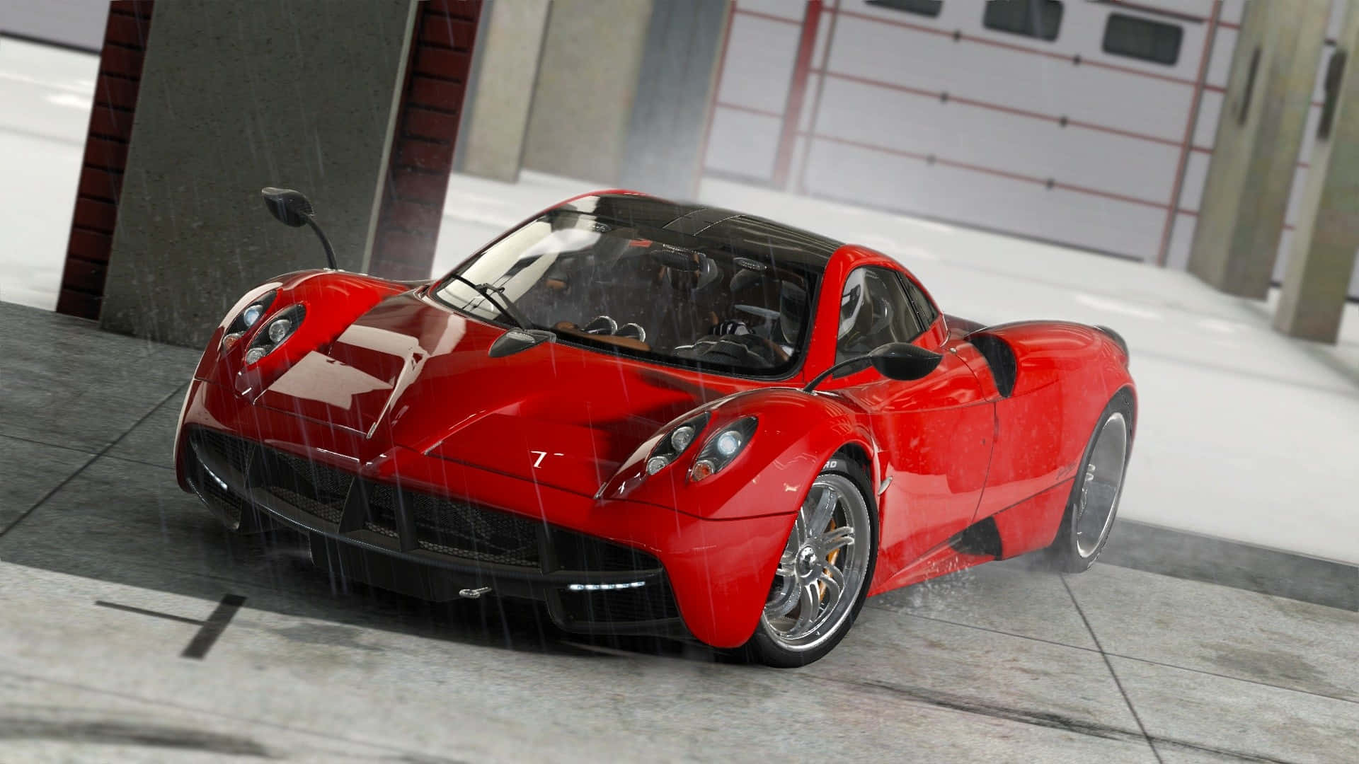 1920x1080 Project Cars 桌布 壁紙 — 一輛光澤的紅色跑車停在潮濕的車庫中，表面有雨滴流過，反射性混凝土地板。