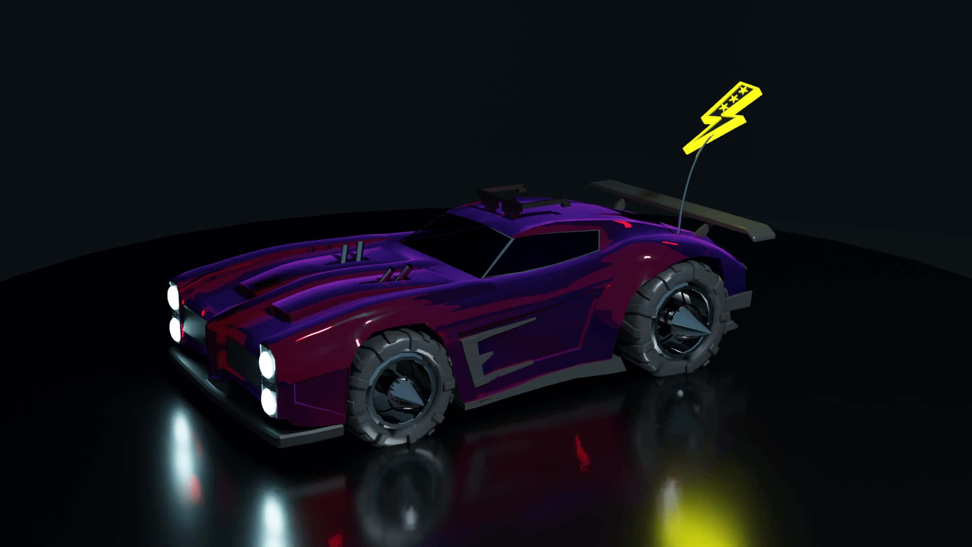 HD Rocket League 桌布 壁紙 — 一輛光澤的紫色未來主義賽車，帶有發光頭燈和黃色星星旗，在黑暗的反射舞台上。