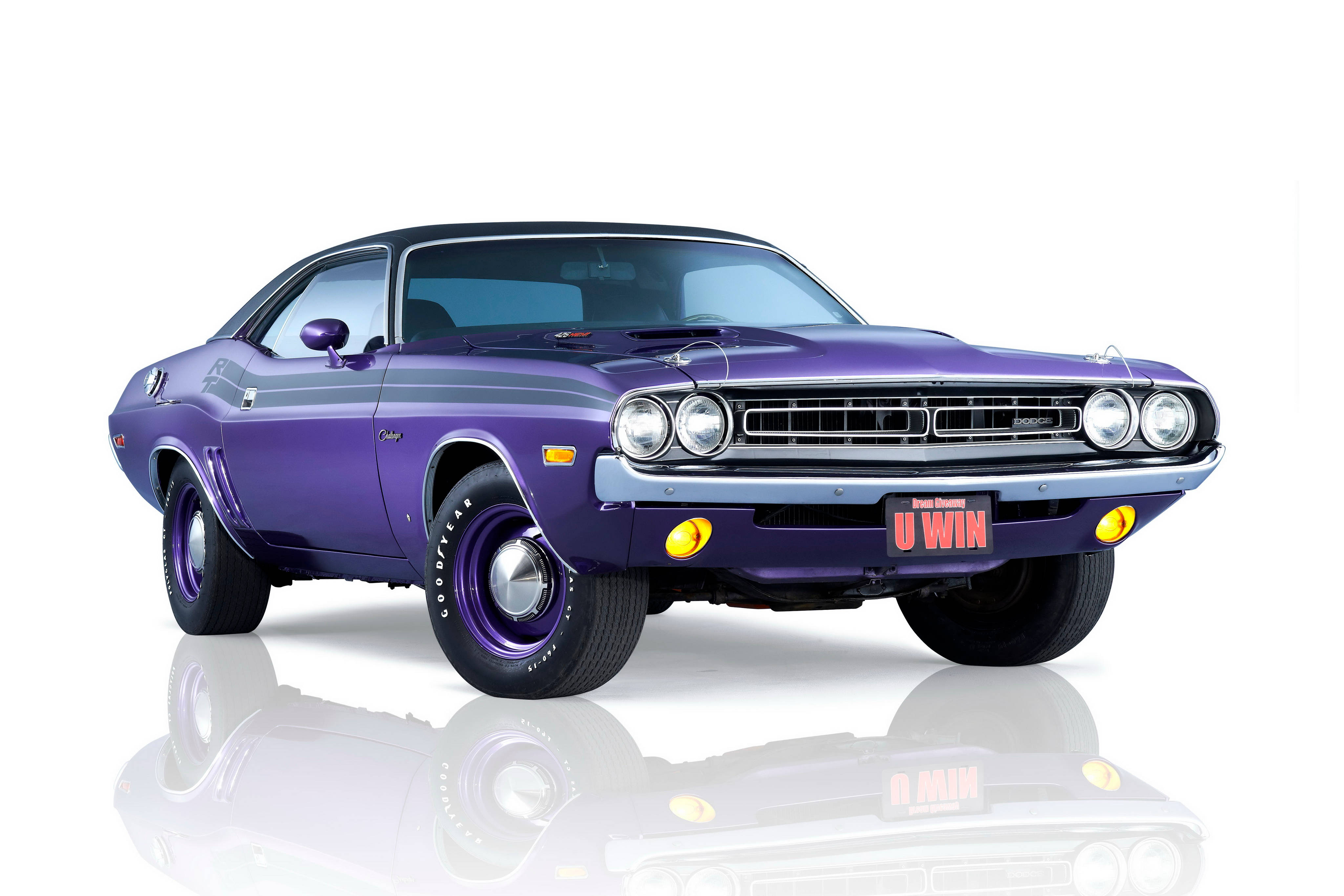 Challenger 桌布 壁紙 — 一輛光澤的紫色經典肌肉車，帶有銀色條紋和黃色頭燈，站在反射性白色工作室地板上。