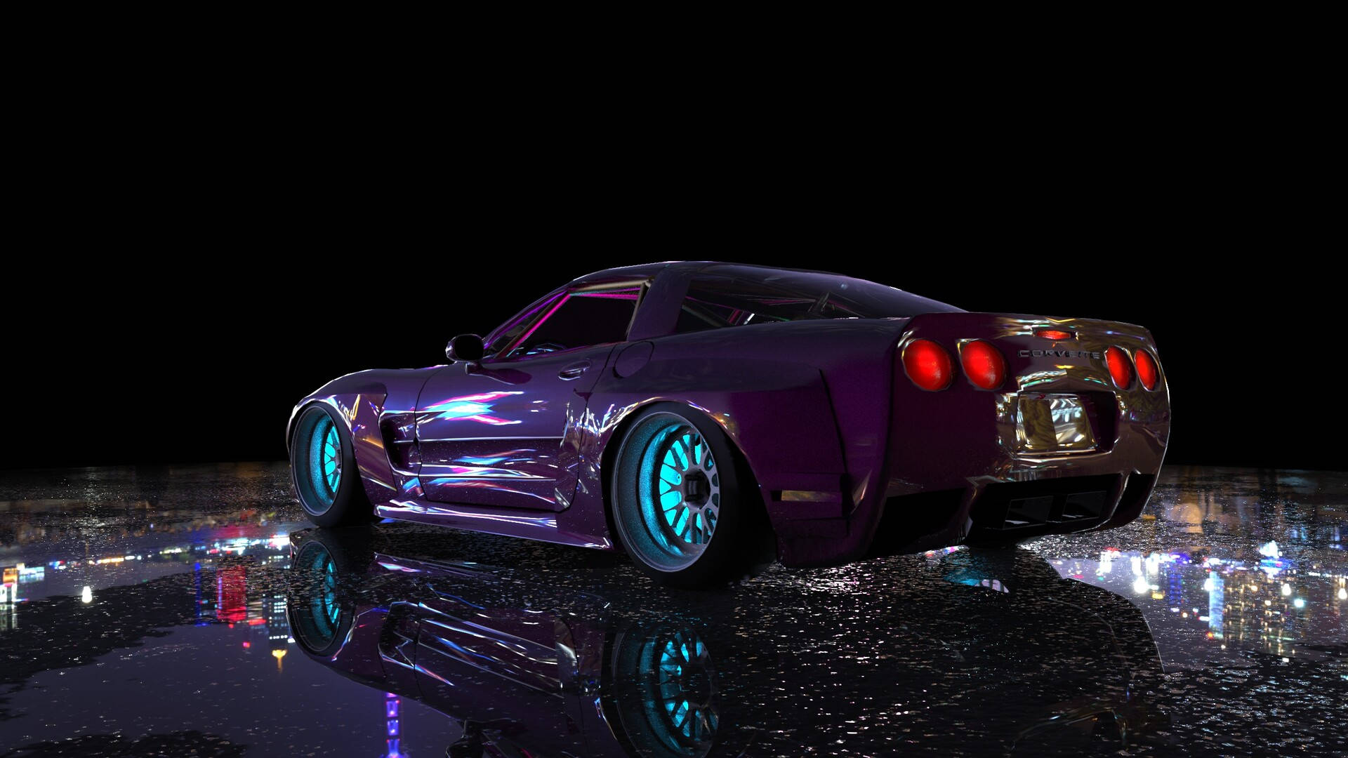 corvette 桌布 壁紙 — 一輛光澤的紫色跑車帶有發光的藍色輪圈，停在潮濕的反光表面上，下方是黑暗的天空和閃爍的城市燈光。