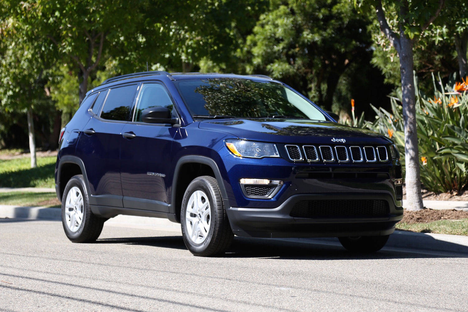 Road 桌布 壁紙 — 一輛光澤的藍色Jeep Compass SUV停泊在陽光明媚的街道上，旁邊是茂密的綠色樹木和開花植物。