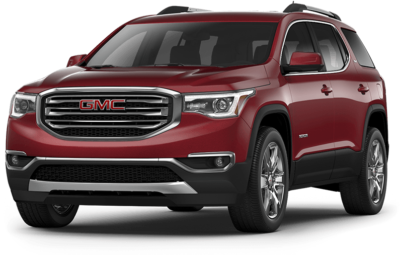 GMC 桌布 壁紙 — 一輛光澤紅色GMC Acadia SUV，在攝影棚拍攝，帶有鍍鉻飾件和合金輪圈。