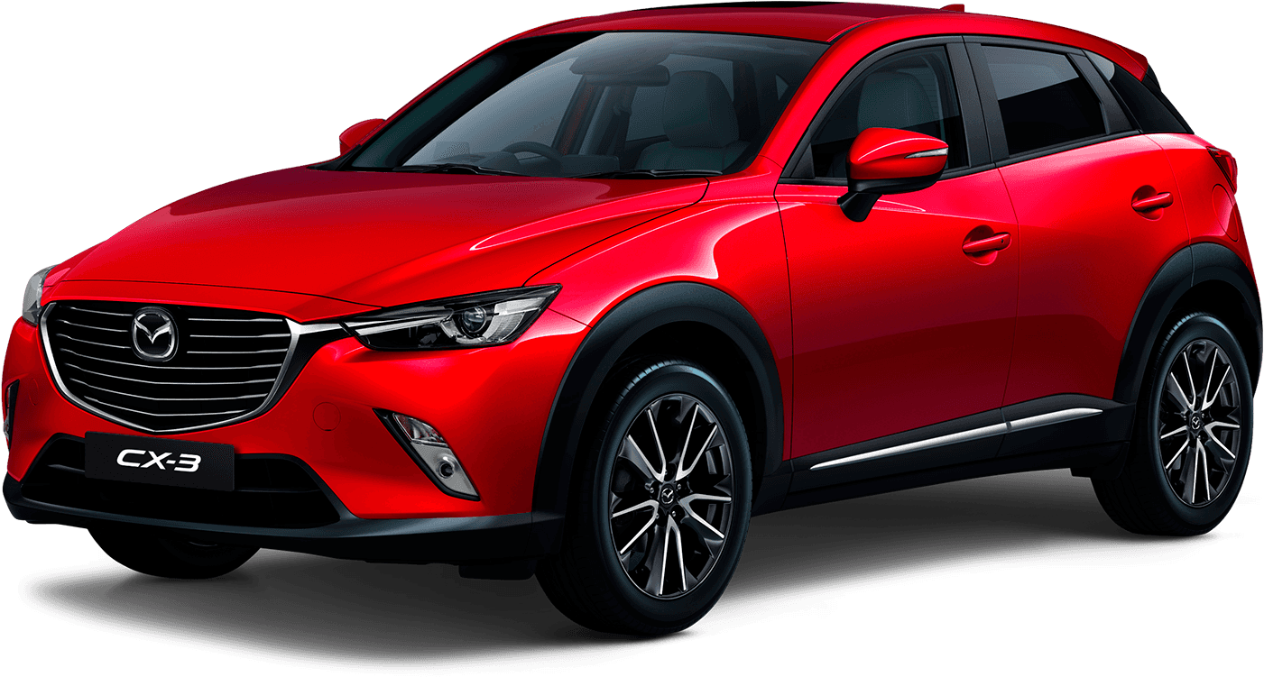 馬自達 桌布 壁紙 — 一輛光澤紅色Mazda CX-3 SUV在黑色背景下的攝影棚燈光中展示，帶有反射亮點。