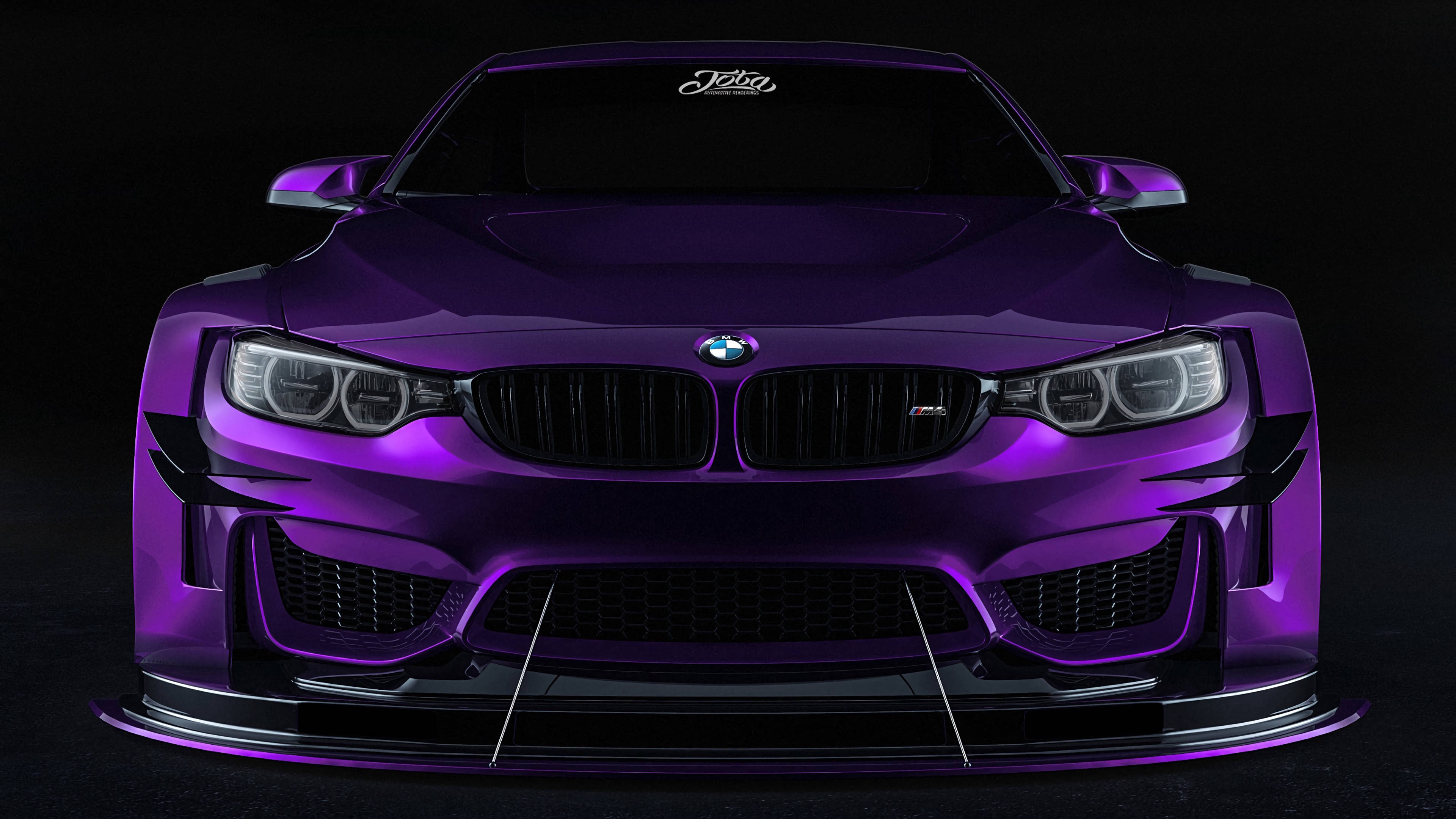 4K BMW 壁紙 桌布 壁紙 — 一輛光澤紫色BMW M4，配備激進的空氣動力學車身套件和發光頭燈，背景為黑色。