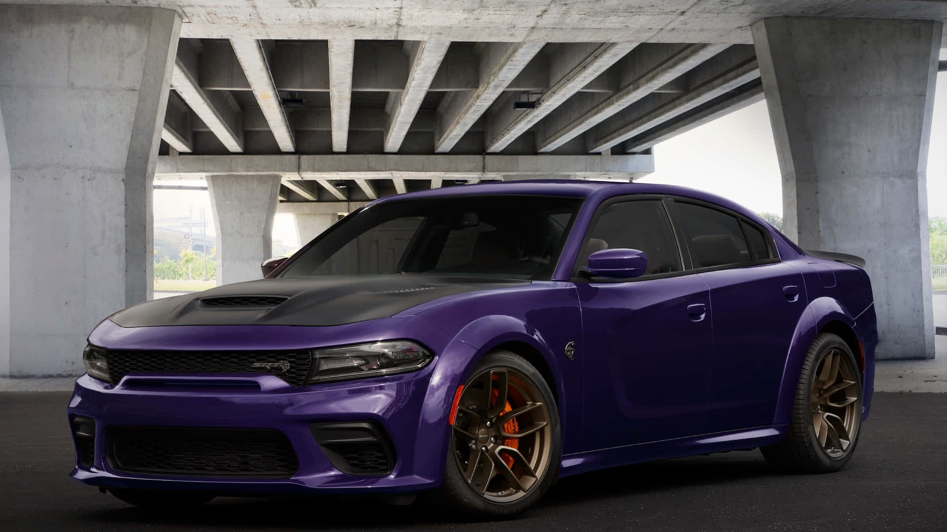 Dodge 桌布 壁紙 — 一輛光澤紫色Dodge Charger Hellcat配青銅輪圈停在混凝土天橋下。