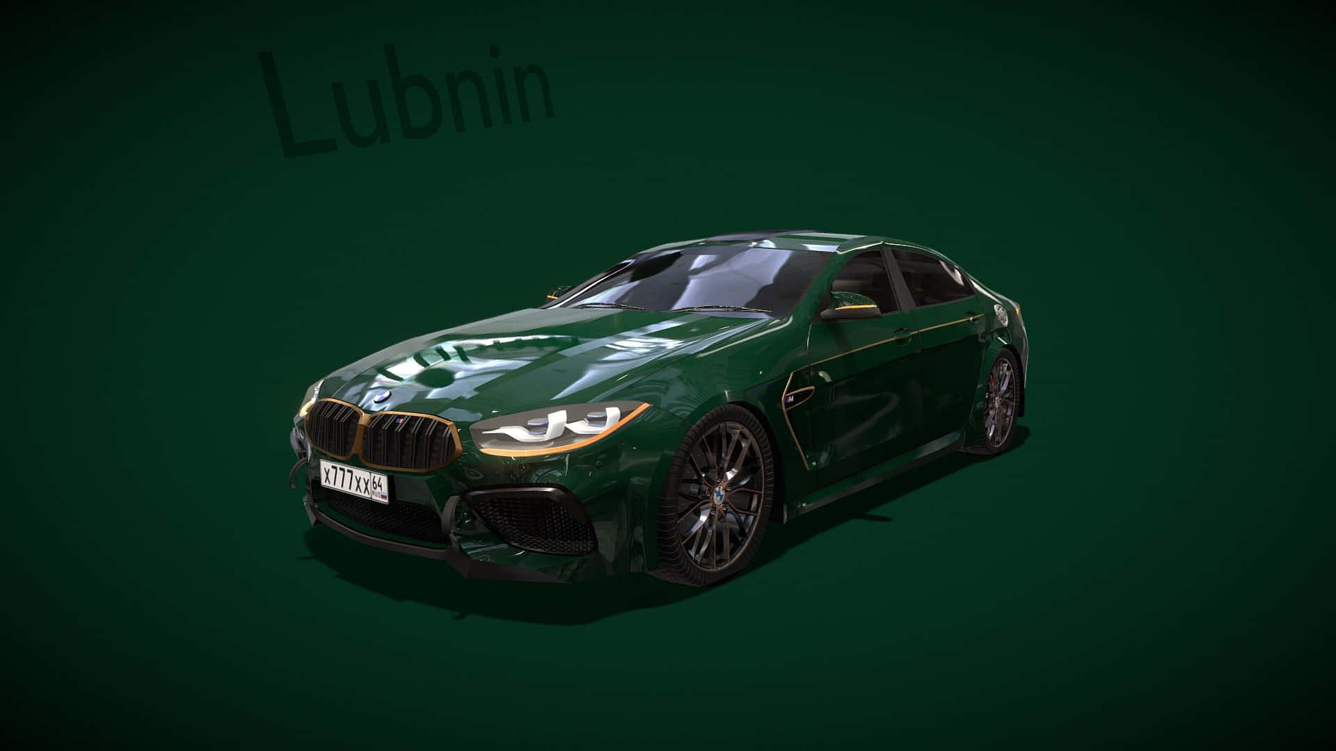 Bmw M8 4K 桌布 壁紙 — 一輛光澤綠色BMW M5轎車，帶有發光頭燈和金色裝飾，居中於深綠色漸變背景上。