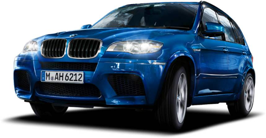 BMW 動圖 桌布 壁紙 — 一輛光澤藍色BMW X5 SUV，車頭燈亮起，在黑色背景上孤立。