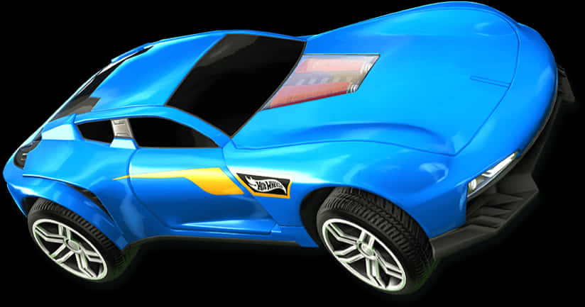 電玩遊戲 桌布 壁紙 — 一輛光澤藍色Hot Wheels玩具車，帶有黃色條紋和黑色裝飾，以四分之三視角展示在黑色背景上。