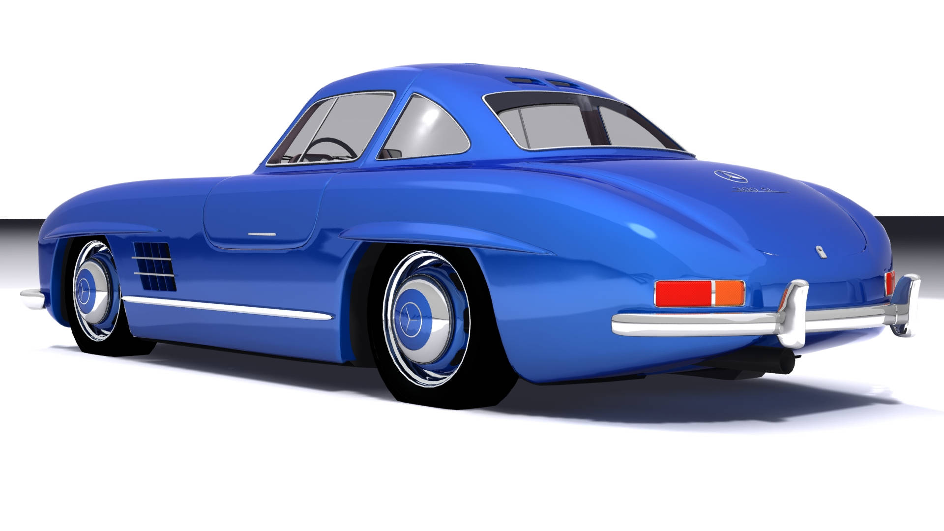 mercedes iPhone 桌布 壁紙 — 一輛光澤藍色復古跑車，帶有鍍鉻裝飾和白色輪胎，在攝影棚燈光下展示。