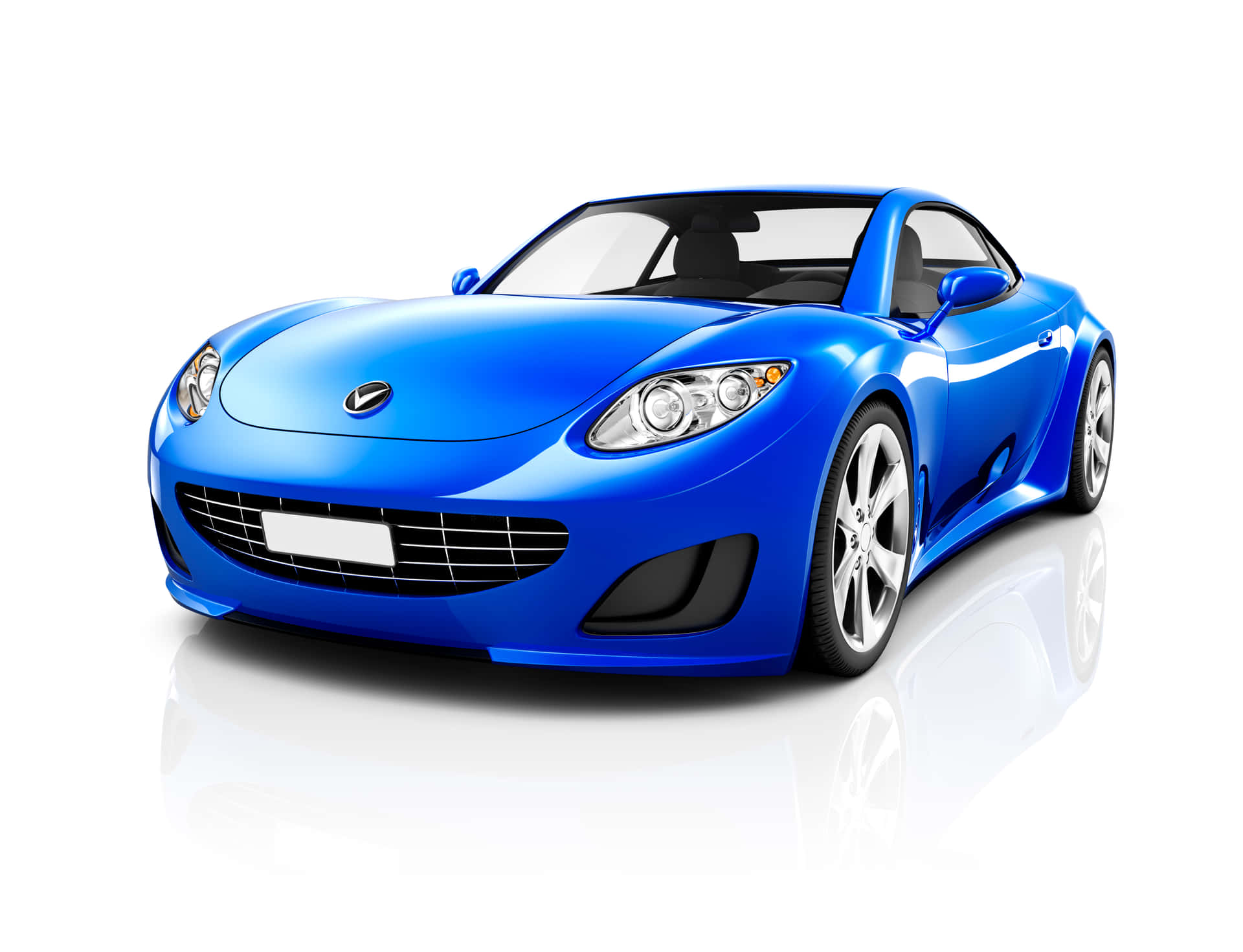 Blue Car PNG 壁紙 — 一輛光澤藍色跑車，配備銀色輪圈和黑色飾件，在白色反光表面上的攝影棚照片中展示。