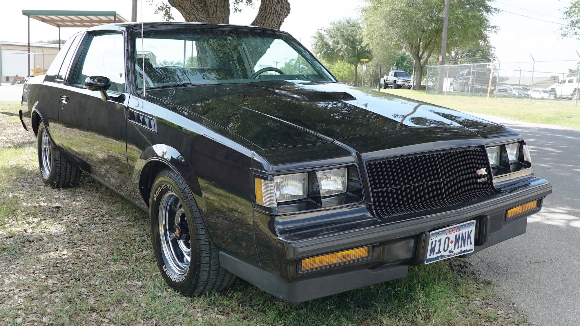 Buick 桌布 壁紙 — 一輛光澤黑色1980年代別克Grand National停放在路邊草地上，處於明亮日光下。