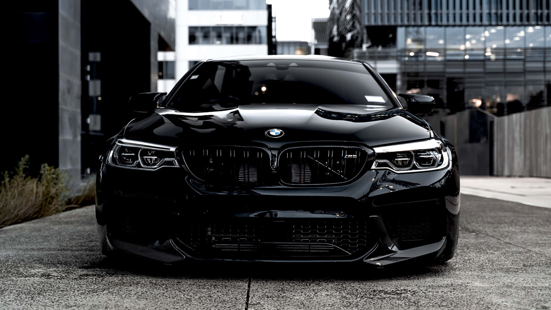 1920x1080 Bmw 桌布 壁紙 — 一輛光澤黑色BMW M5跑車停泊在混凝土城市街道上，背景為現代建築。