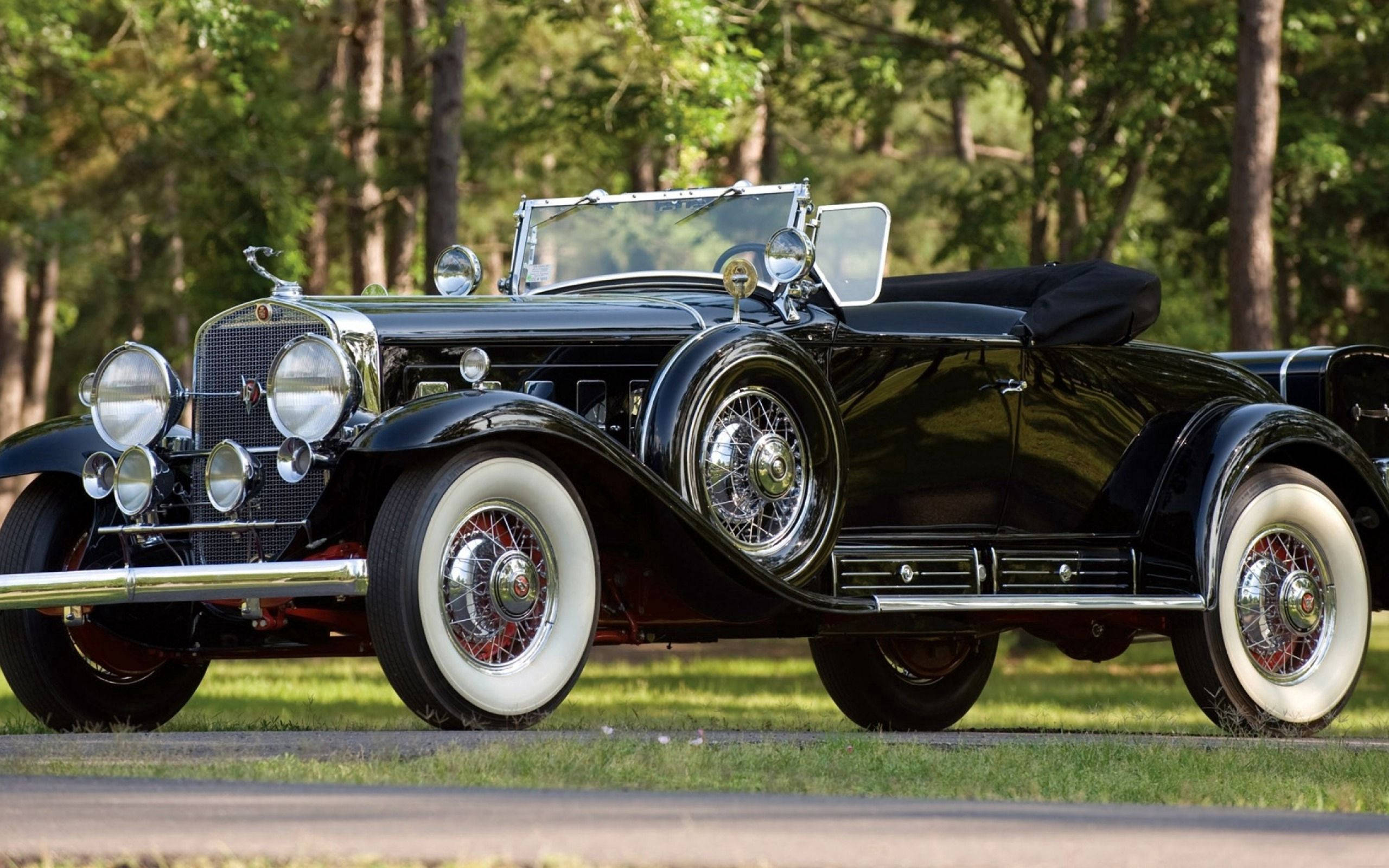 Cadillac 桌布 壁紙 — 一輛光澤黑色復古敞篷車配白色輪胎，在陽光下閃閃發光，停在森林旁的草地上。