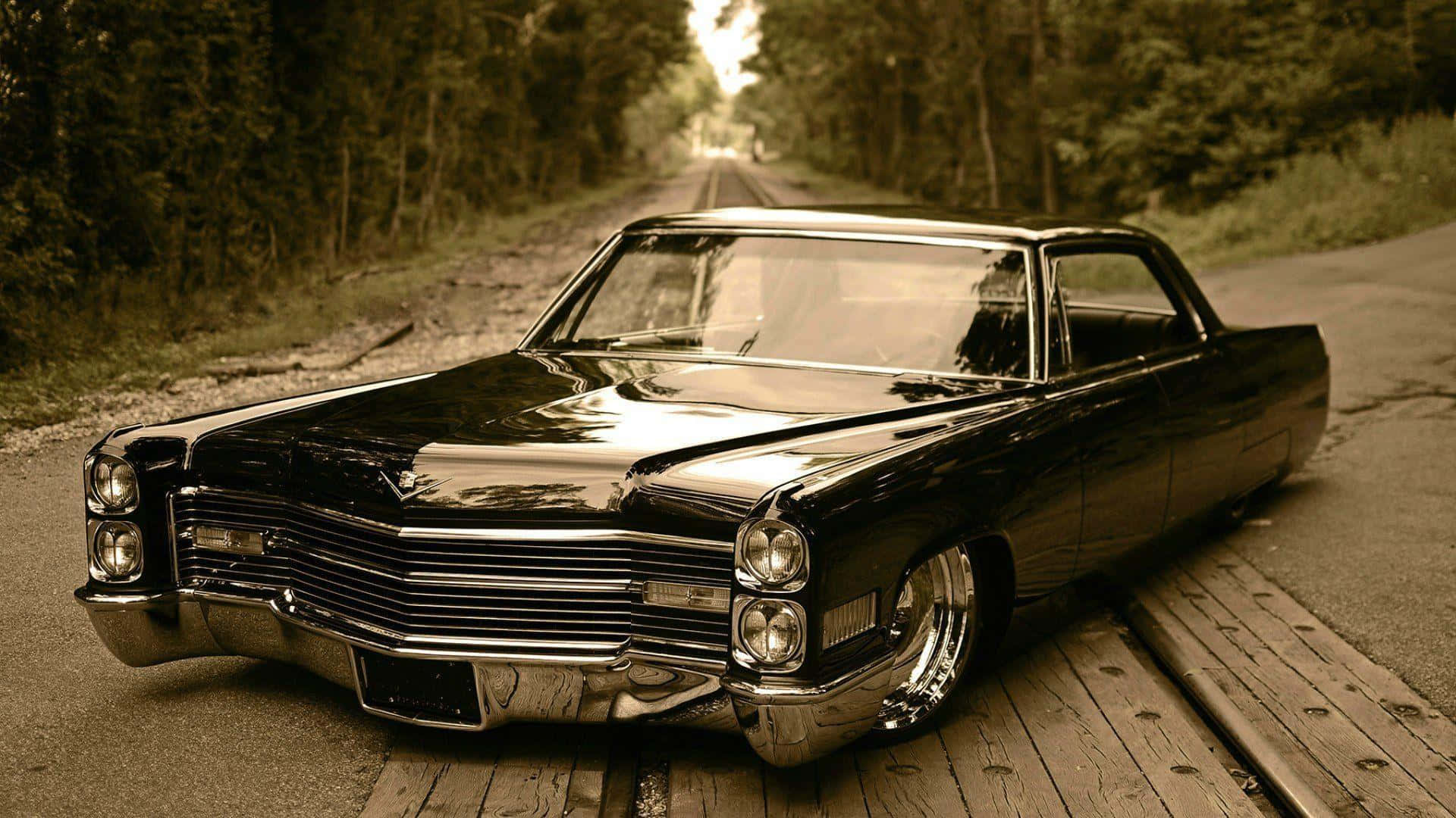 Cadillac 桌布 壁紙 — 一輛光澤黑色經典汽車帶有鍍鉻細節，低矮地停在木板上，兩旁是茂密的樹木，沐浴在溫暖的金色光線下。