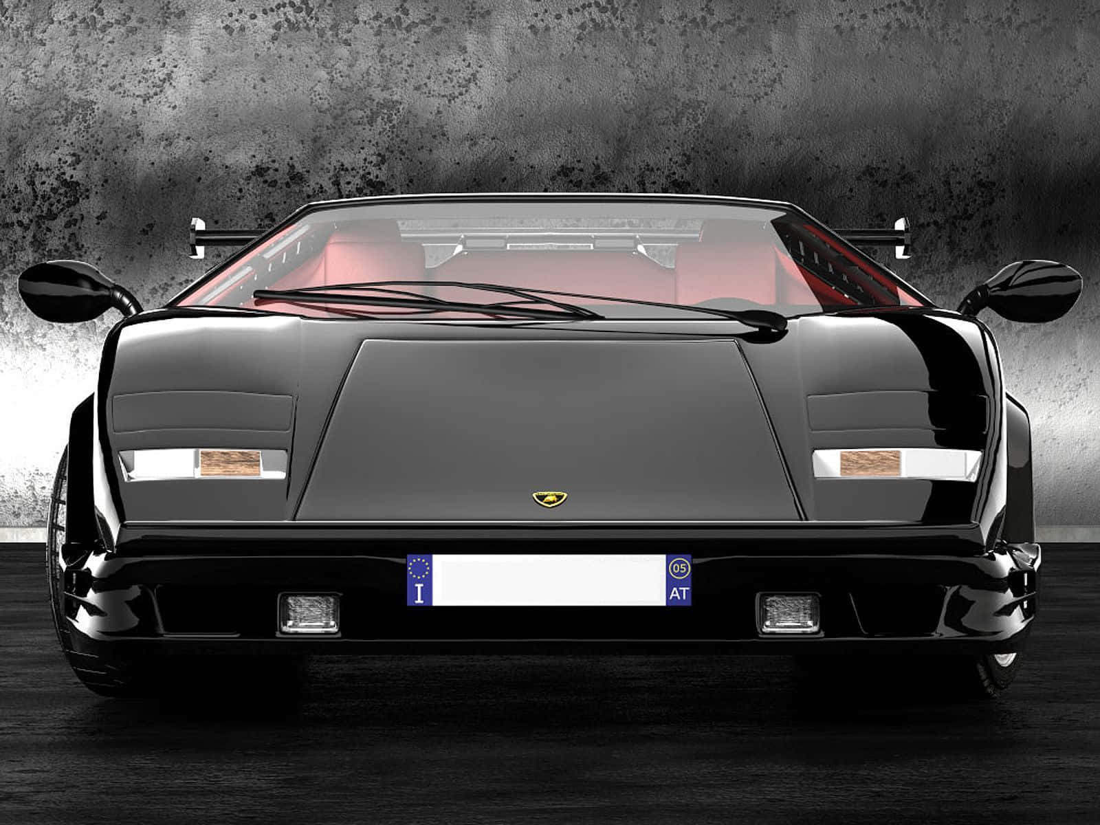 Lamborghini Countach 桌布 壁紙 — 一輛光面黑色藍寶堅尼Countach，紅色內裝，以紋理灰色牆壁為背景的正面視圖。