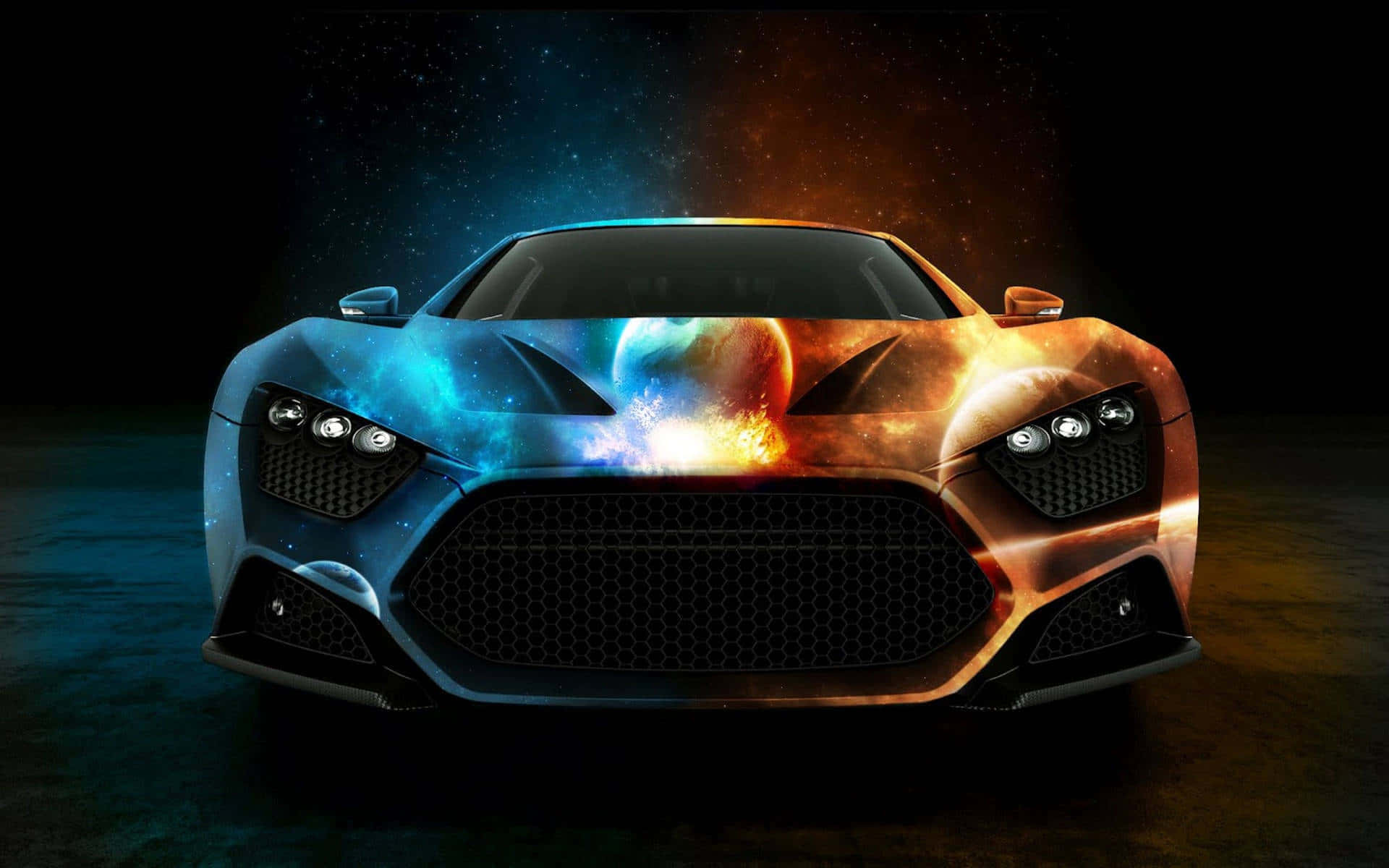 Amazing 桌布 壁紙 — 一輛具有宇宙星系設計的未來主義跑車在黑暗星空背景下發光。