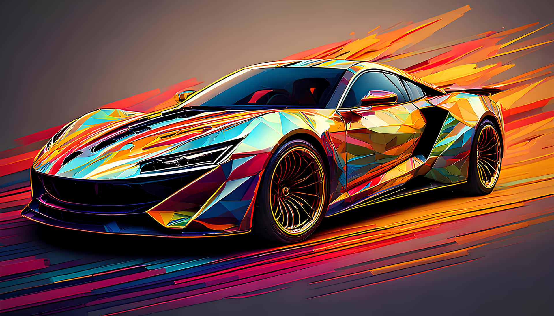 Sports car 壁紙 — 一輛具有鮮豔幾何色彩圖案的未來主義跑車，在帶有條紋的橙色和紫色背景上疾馳向前。
