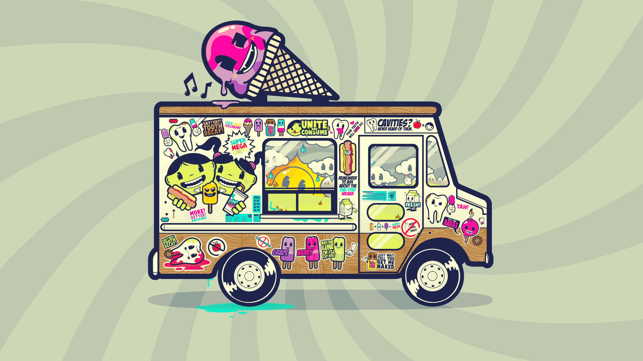 Van 桌布 壁紙 — 一輛卡通冰淇淋車，車身貼滿古怪貼紙，車頂有一個巨大的融化冰淇淋甜筒，背景是旋轉的綠色。