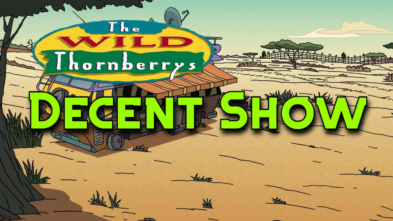 Cartoon 桌布 壁紙 — 一輛卡通巴士帶有寫著「The Wild Thornberrys」的標誌，停在蒼白天空下的乾燥稀樹草原景觀中。