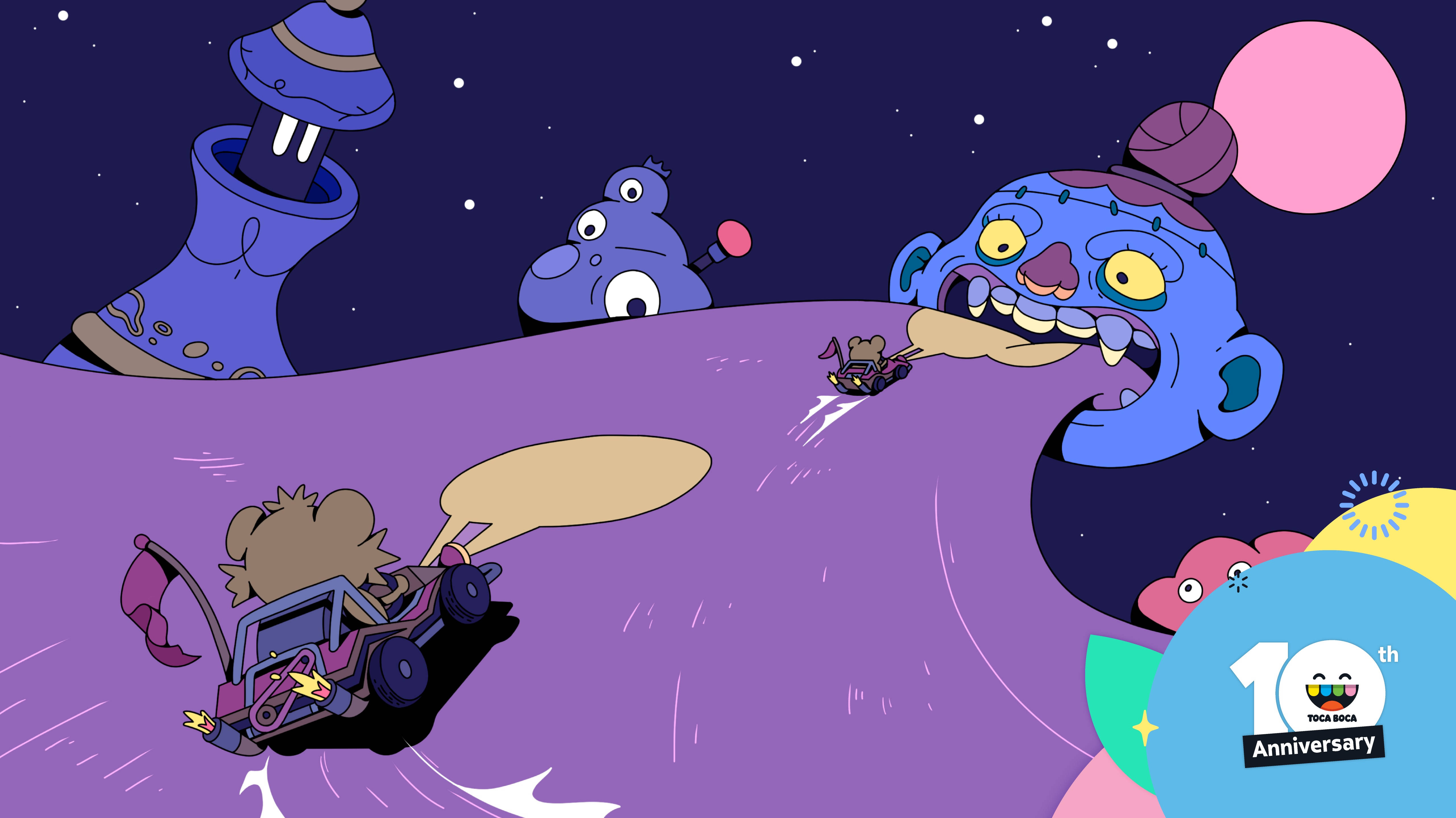 Toca 桌布 壁紙 — 一輛卡通汽車在星空夜空下穿過紫色山丘，被大眼睛的藍色巨獸追趕。