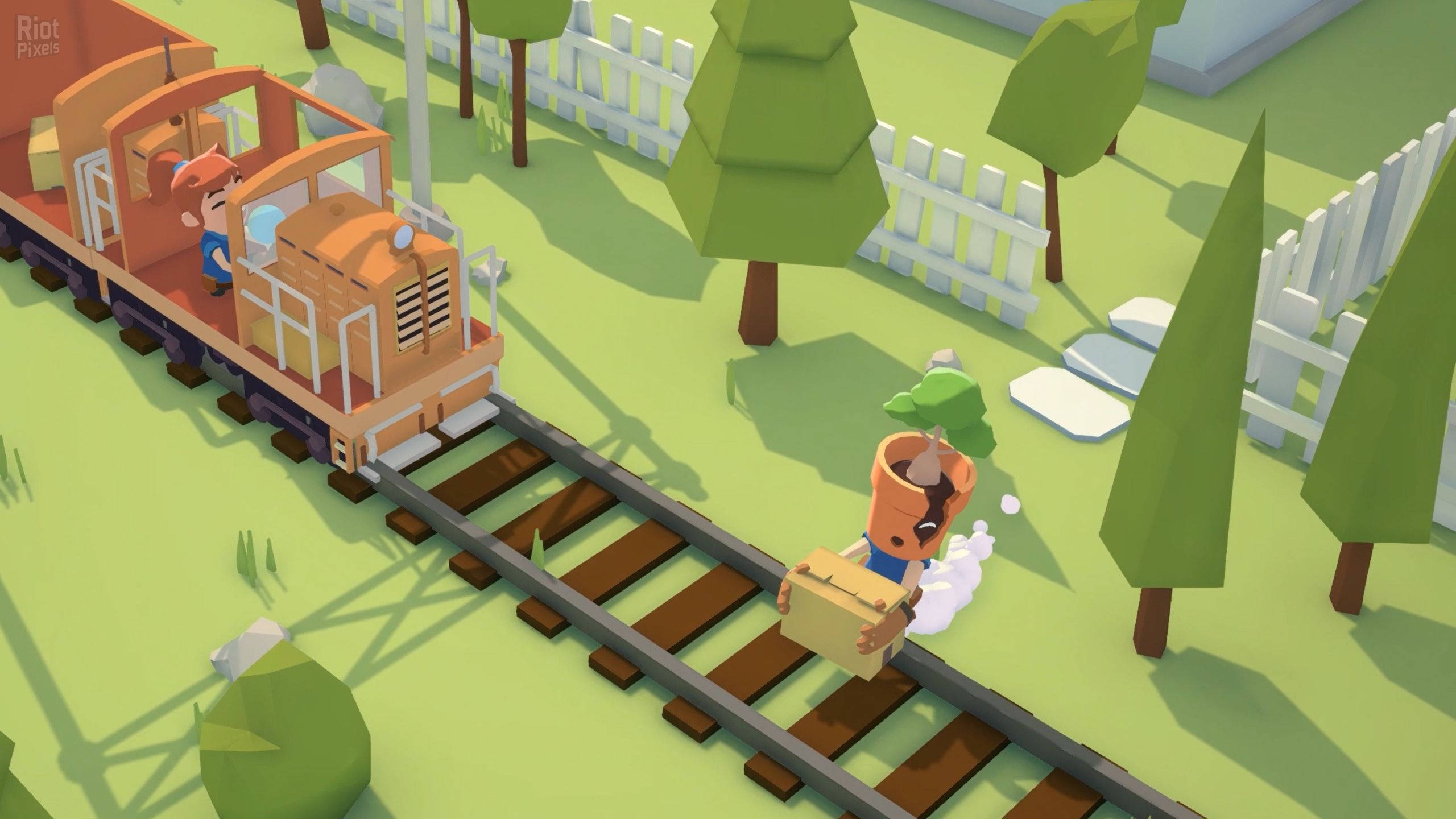 Overcooked 桌布 壁紙 — 一輛卡通火車與車長沿著鐵軌行駛，一名工人旁邊搬運木箱，在明亮的綠色田野中。