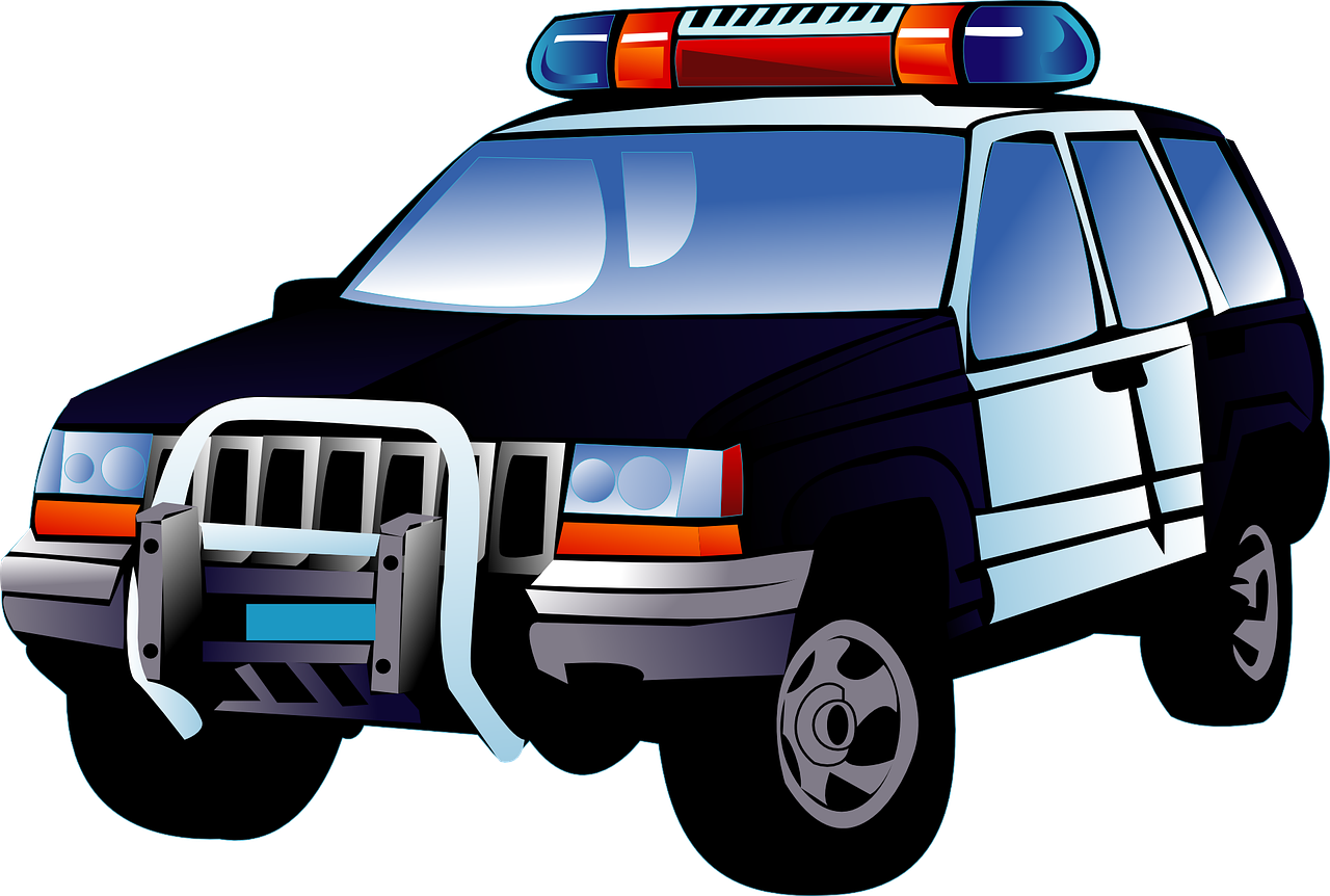 Vehicle 桌布 壁紙 — 一輛卡通警用SUV，頂部有藍色和紅色燈光，前保險桿護板，背景為黑色。