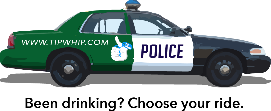 醉意朦朧 桌布 壁紙 — 一輛卡通警車，分為綠色和黑色，帶有「POLICE」和「WWW.TIPWHIP.COM」文字以及豎起大拇指圖案。
