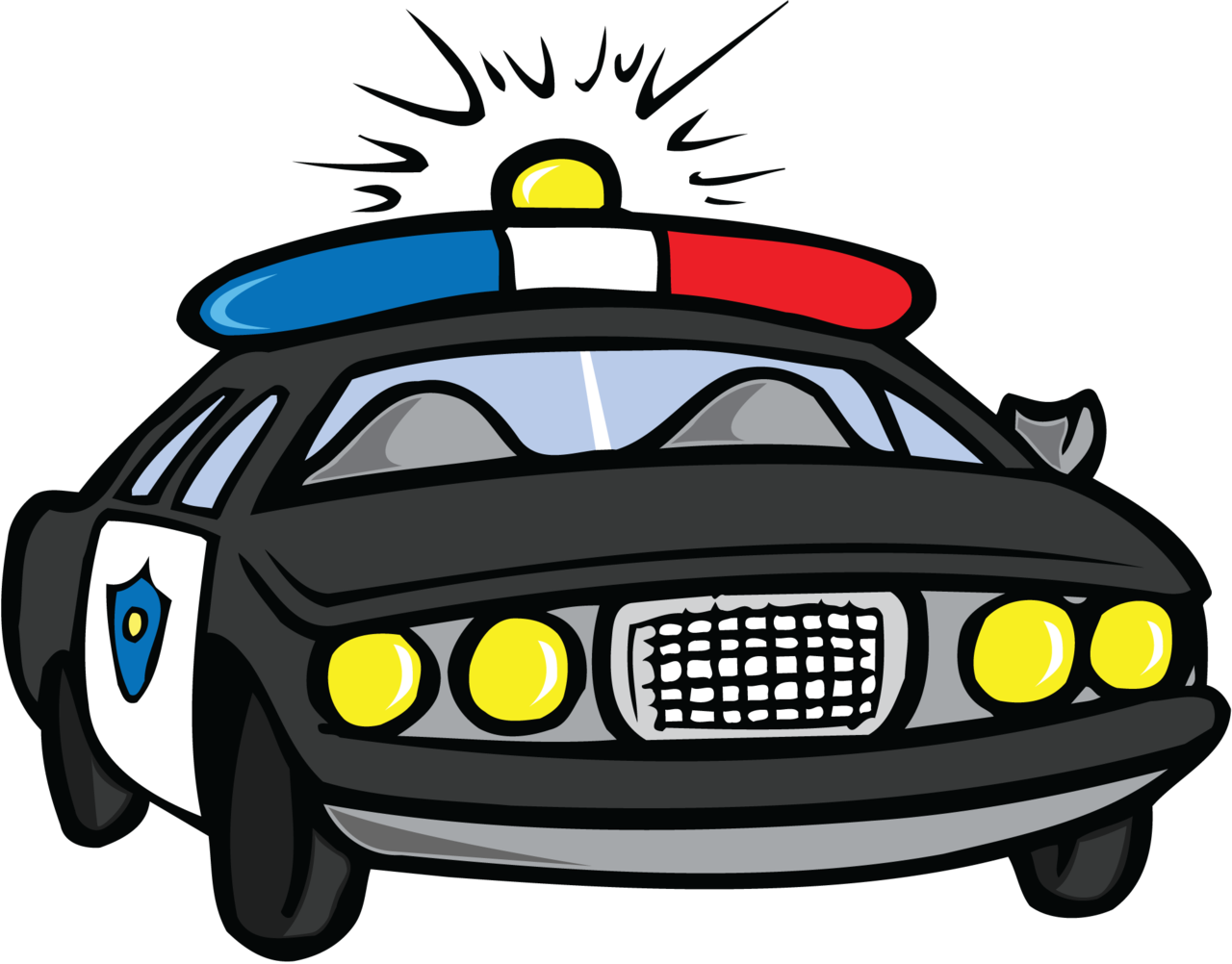 Police Car 桌布 壁紙 — 一輛卡通警車，帶有紅、藍、白燈和黃色頭燈，背景為黑色。