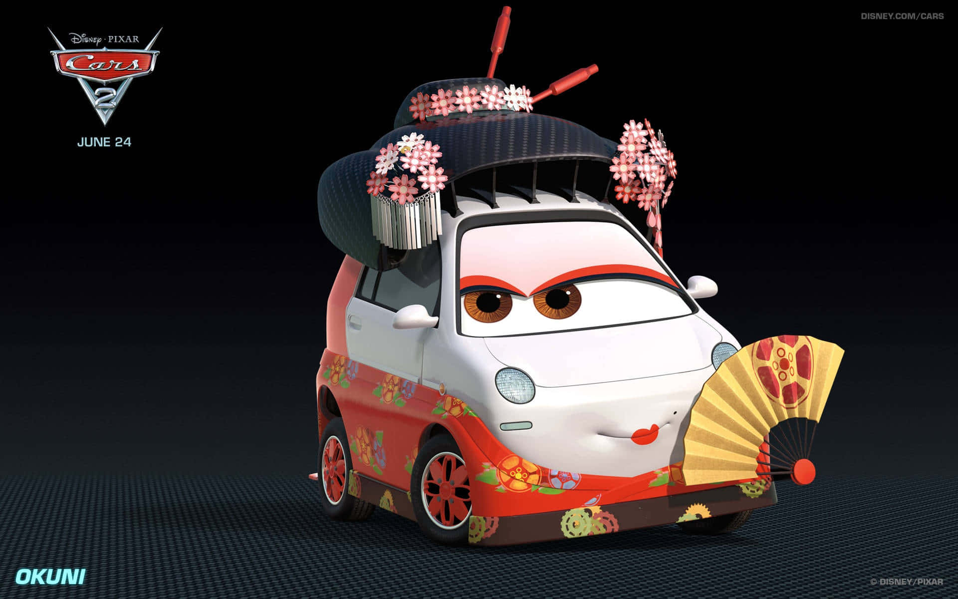 汽車 桌布 壁紙 — 一輛卡通賽車穿著傳統日本服飾，帶有櫻花和扇子，背景為深色網格。