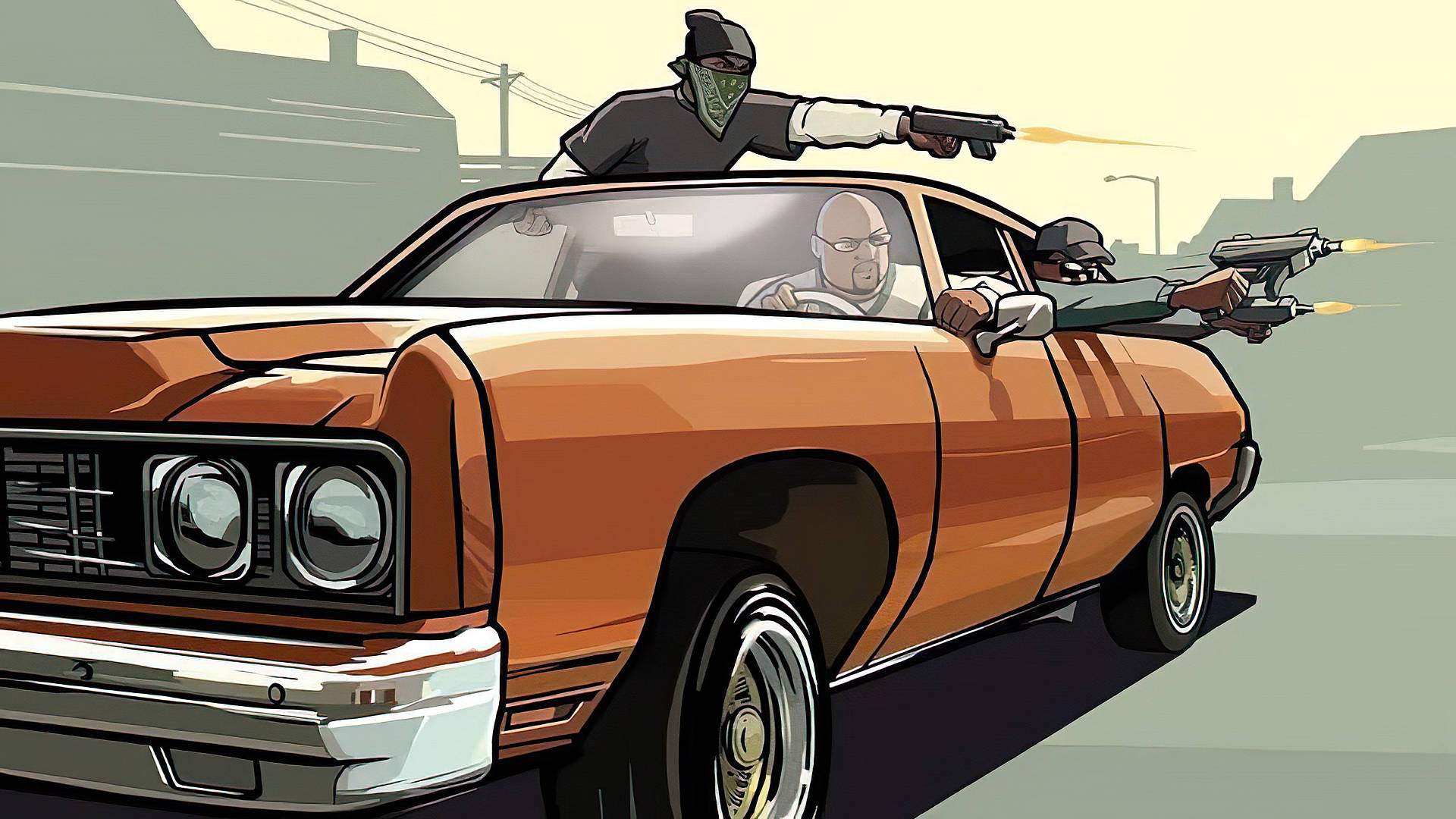 GTA 聖安地列斯 桌布 壁紙 — 一輛卡通風格的橙色肌肉車在街上疾駛，戴面具的槍手從車頂和乘客側開槍。