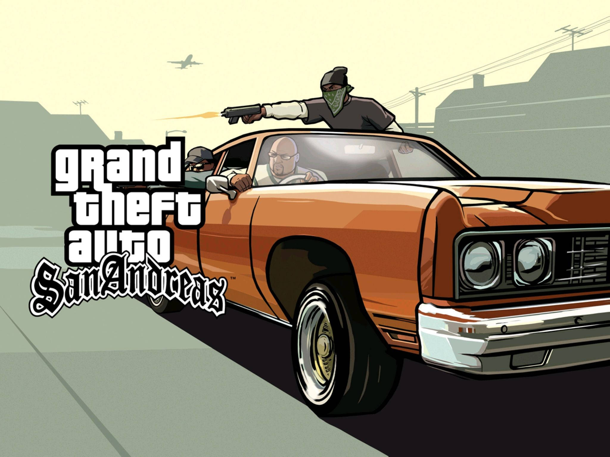 Gta 桌布 壁紙 — 一輛卡通風格的橙色肌肉車在街上飛馳，蒙面槍手從車頂和乘客座位射擊。