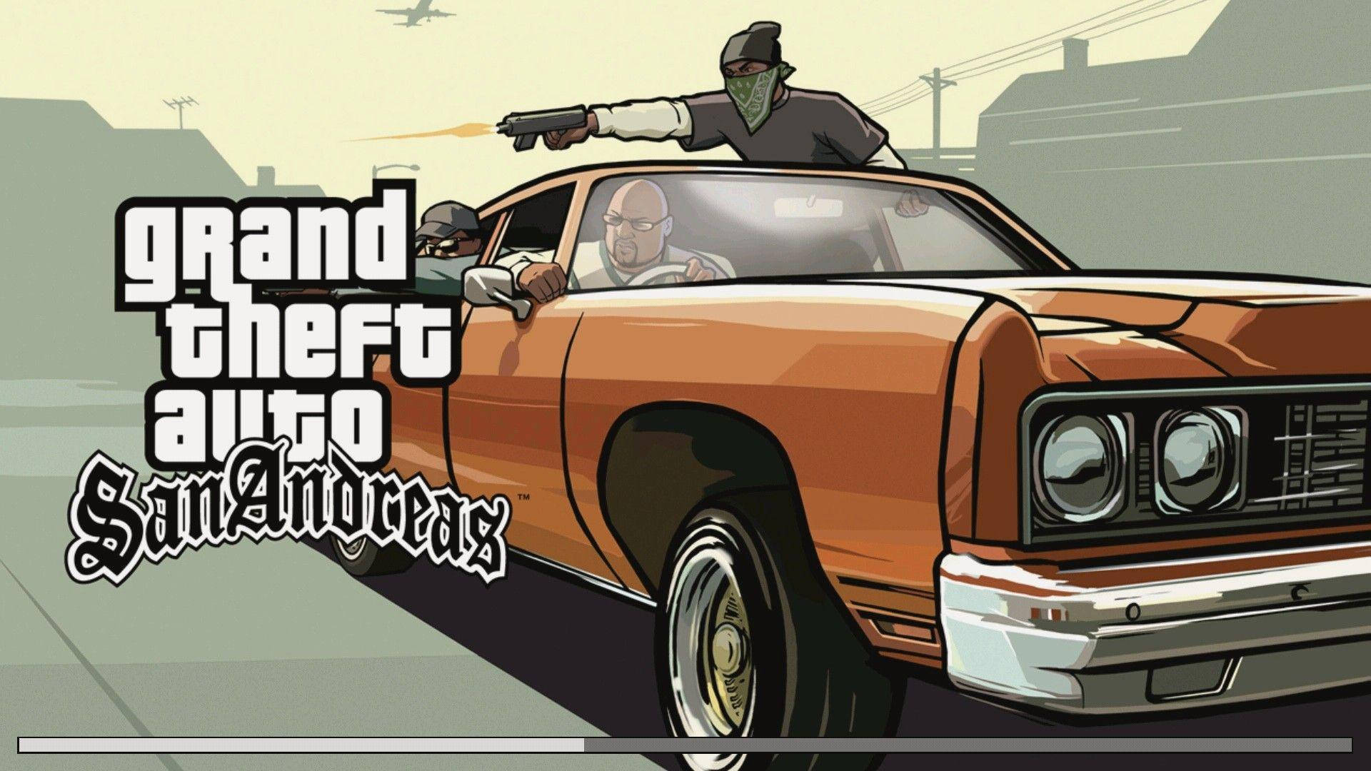 GTA 聖安地列斯 桌布 壁紙 — 一輛卡通風格的橙色肌肉車在骯髒的城市街道上飛馳，蒙面槍手從車窗射擊。