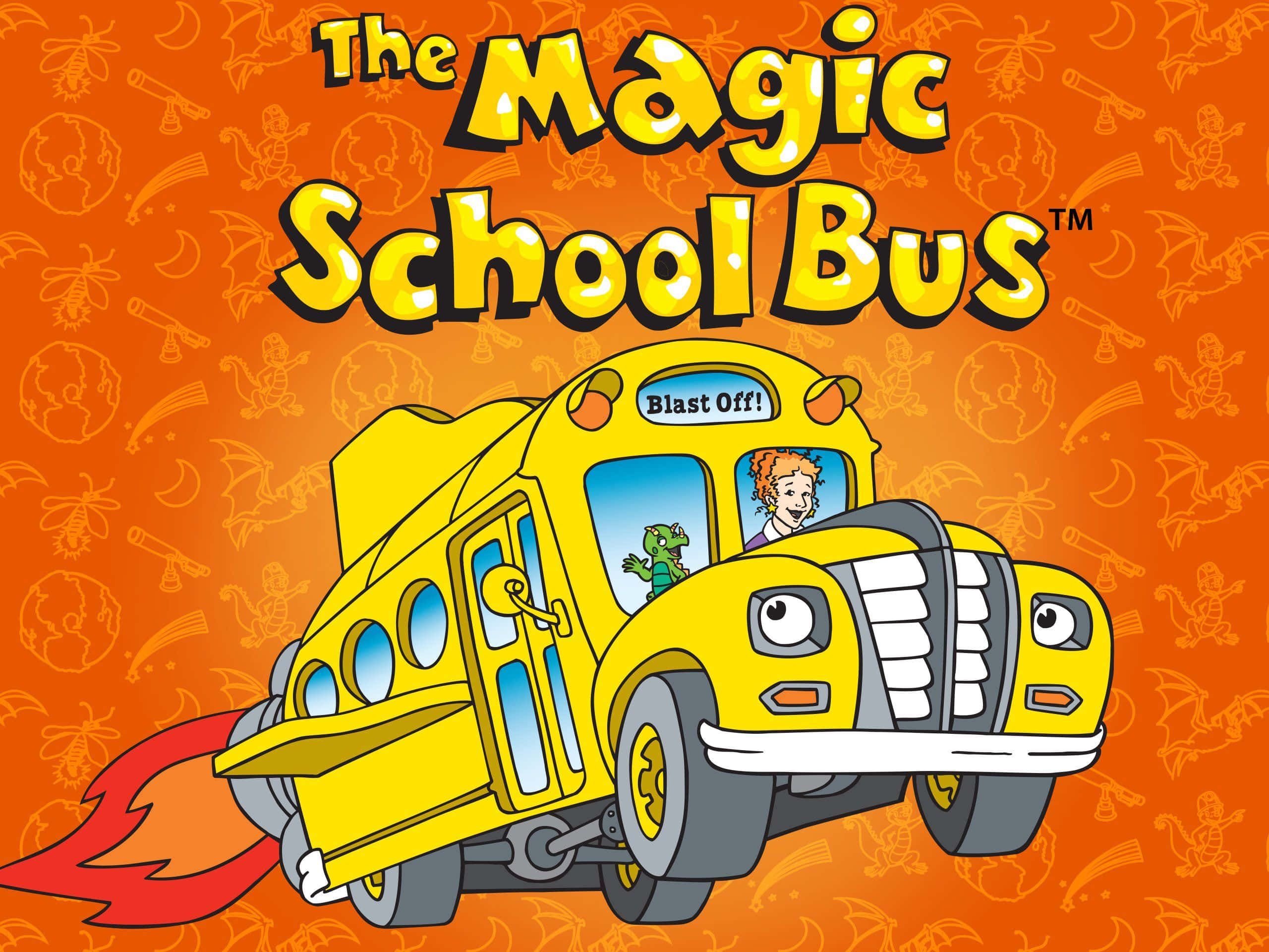 Bus 桌布 壁紙 — 一輛卡通黃色校車帶有火箭排氣管和凸眼，在充滿科學圖標的橙色背景上發射升空。