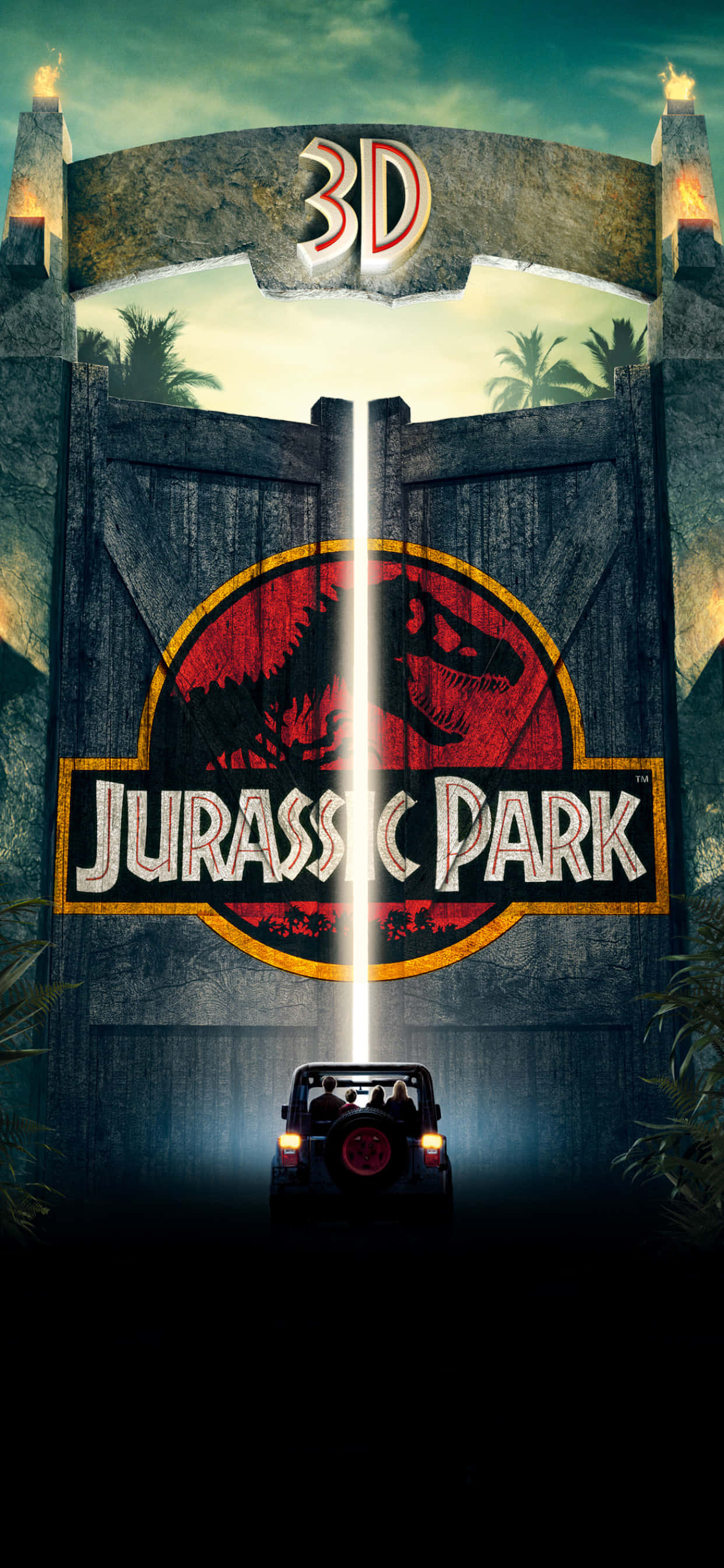 Jurassic Park Zoom 桌布 壁紙 — 一輛吉普車在發光的3D標誌下接近標誌性的侏羅紀公園大門，標誌上有棕櫚樹和恐龍標誌。