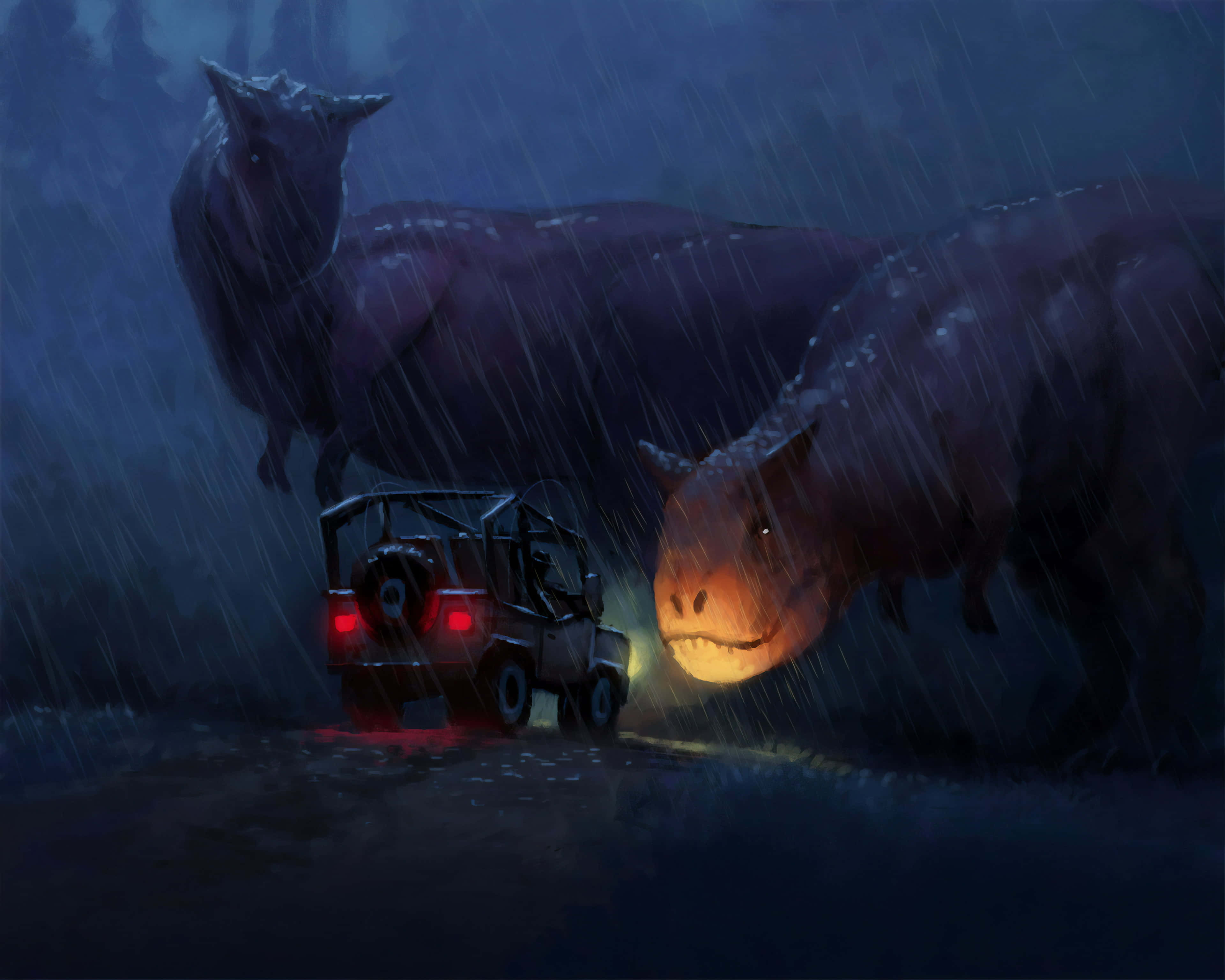 電影動圖 桌布 壁紙 — 一輛吉普車的車頭燈照亮了暴風雨夜晚森林中的兩隻巨大恐龍，雨水在深藍色場景中劃出條紋。