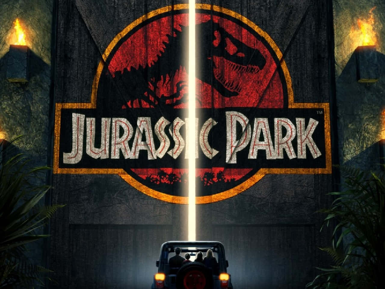 Jurassic Park Zoom 桌布 壁紙 — 一輛吉普車駛近標誌性的侏羅紀公園標誌，一道明亮的光束垂直地將標誌分開。