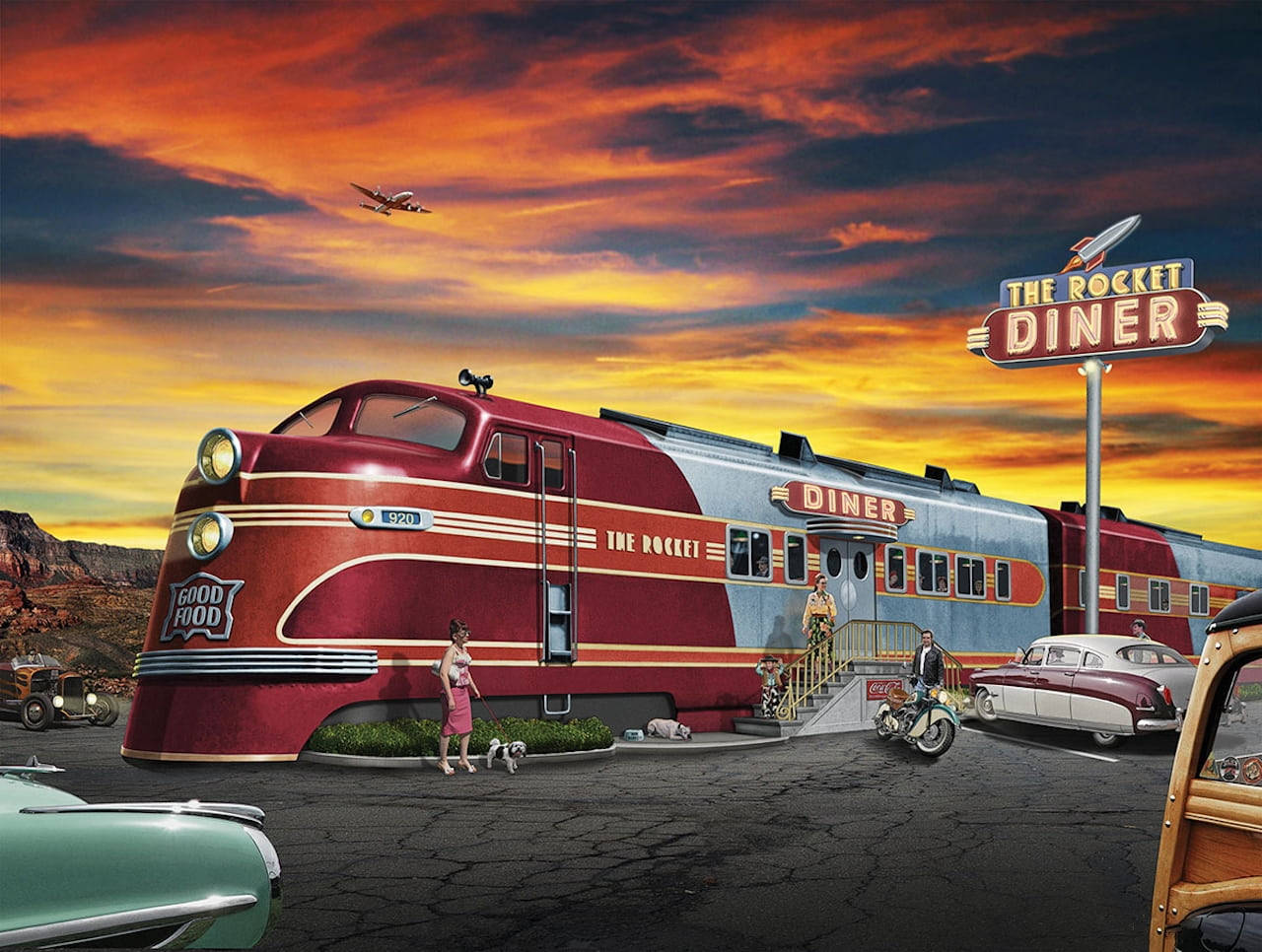 Diner 桌布 壁紙 — 一輛名為「The Rocket Diner」的復古紅銀色火車餐廳，在日落時分停泊，周圍有復古汽車和人群。