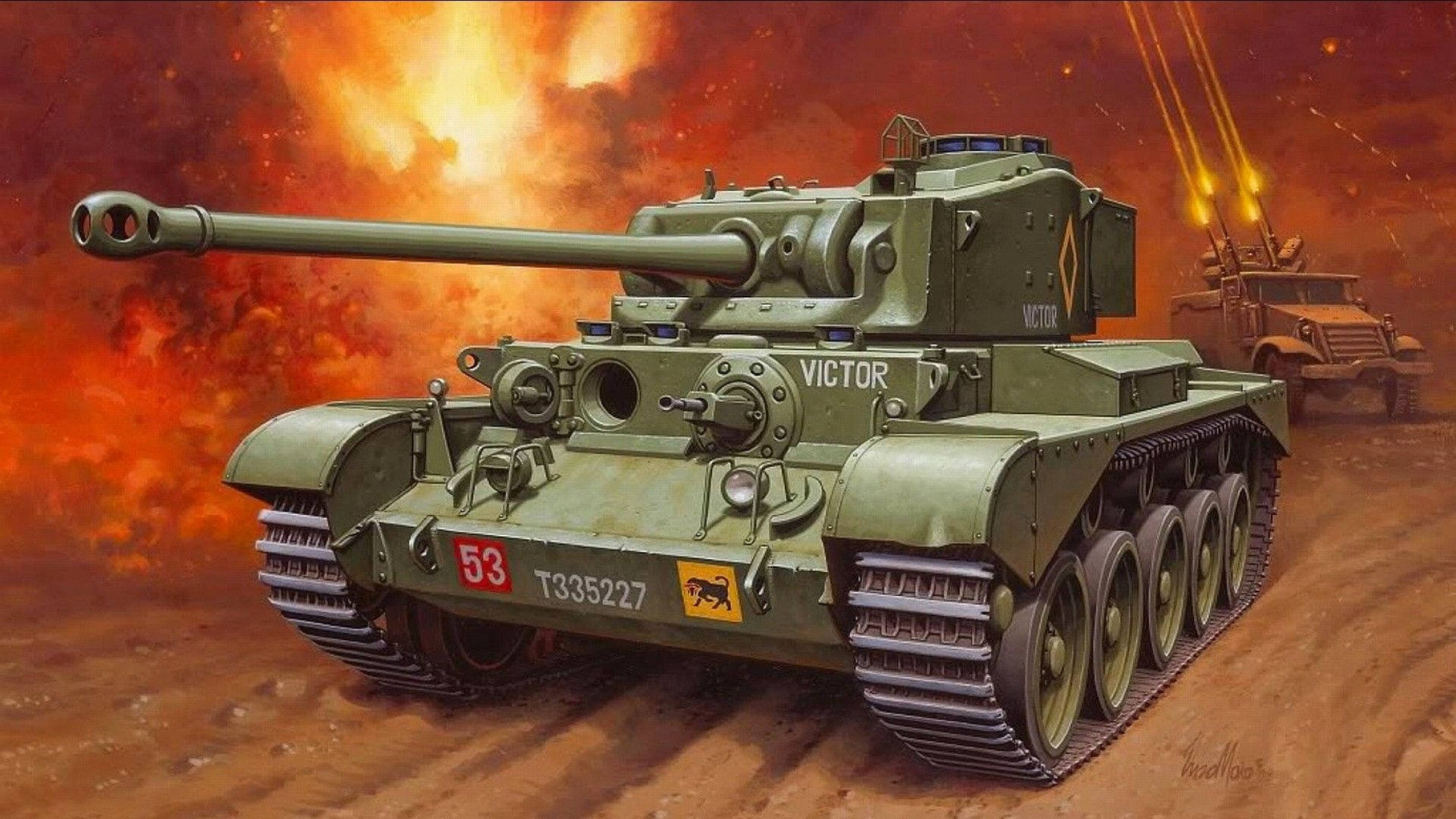 Tanks 桌布 壁紙 — 一輛名為 Victor 的綠色軍用坦克在爆炸和曳光彈的背景中穿過火熱的戰場。