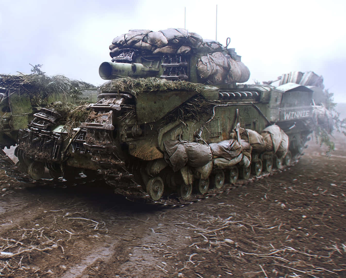 Battlefield Vehicles 桌布 壁紙 — 一輛名為「Winnie」的迷彩軍用坦克在陰天之下，穿過泥濘地形，並以樹葉和沙袋作掩護。