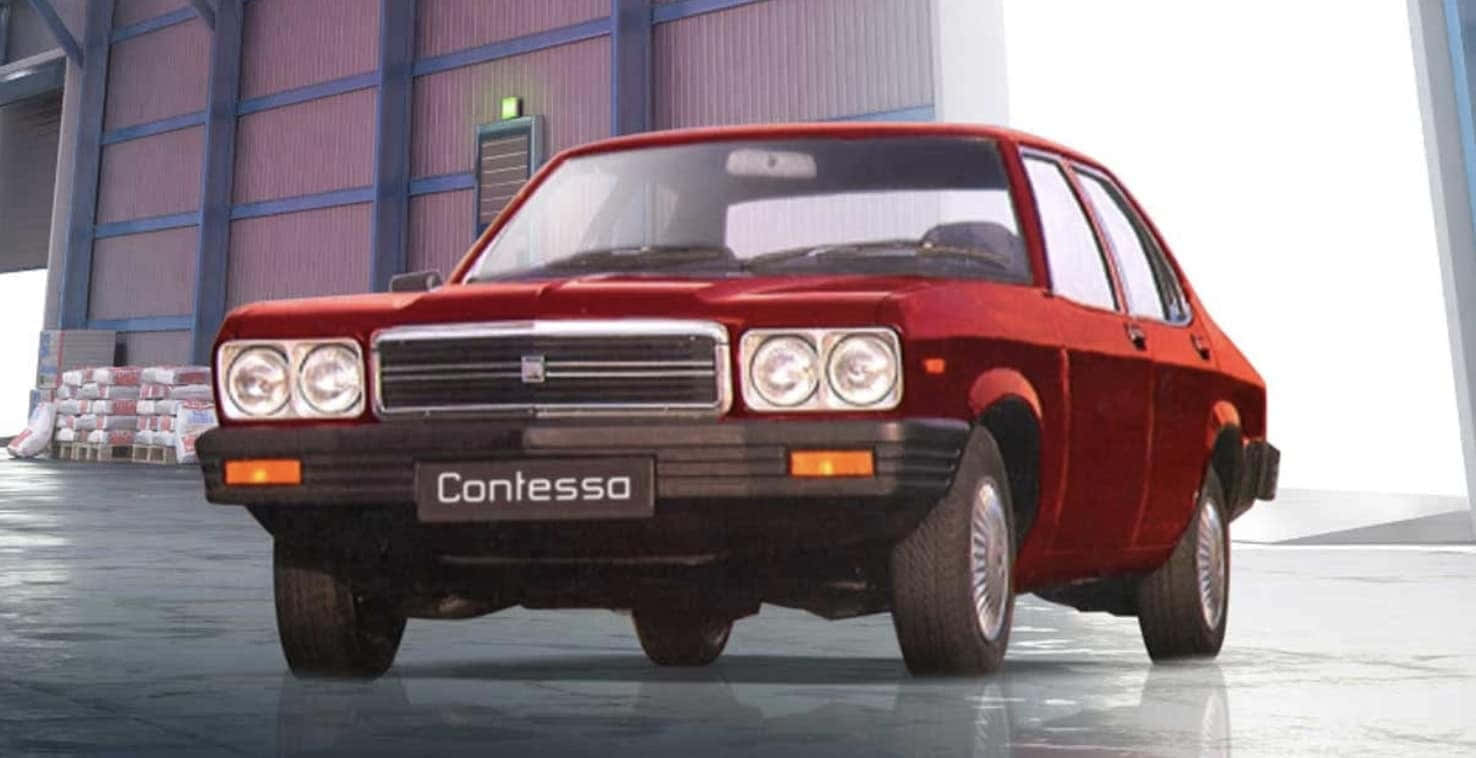 Hindustan Motors 桌布 壁紙 — 一輛名為Contessa的亮紅色復古轎車停放在現代倉庫內，地面具有反射效果，背景有堆疊的木箱。